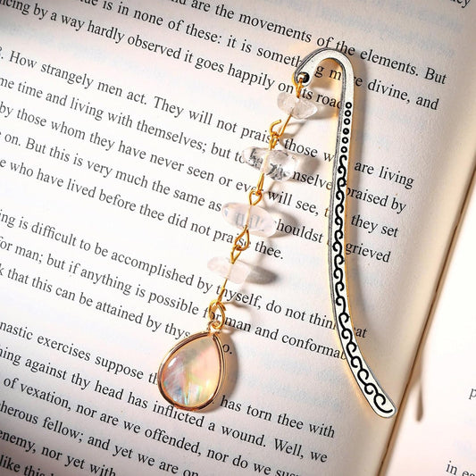 Vintage Metal Bookmark Pendant with Opal Drop Shell&Clear Quartz Crystal Stones Bead Chain-Elegant Opal Bookmarks for Women,Men,Book Lovers,Teachers and Girls(Silver)