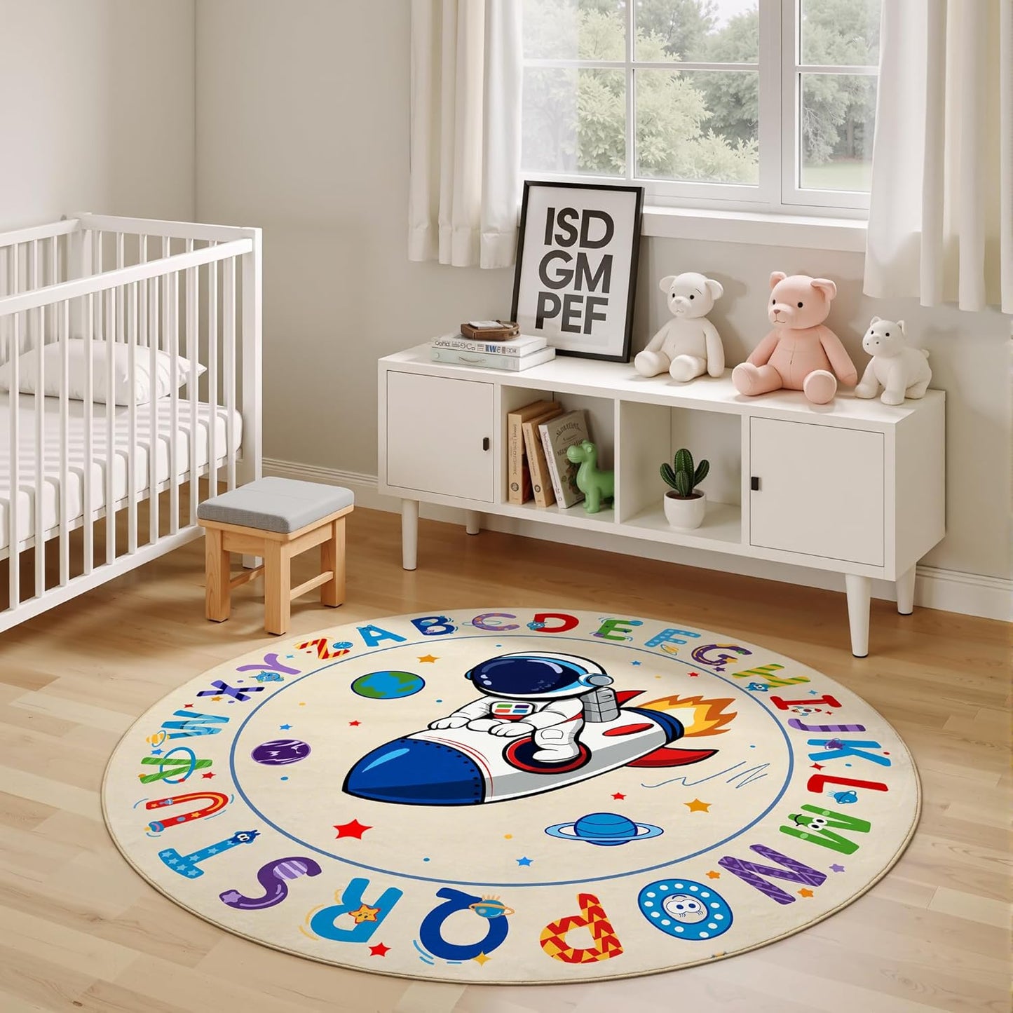 ABC Kids Alphabet Round Rug 4ft, Washable Soft Circle Nursery Rug, Non-Slip Educational Carpet with Space Astronaut Design for Classroom, Playroom & Kids Room Decor Blue