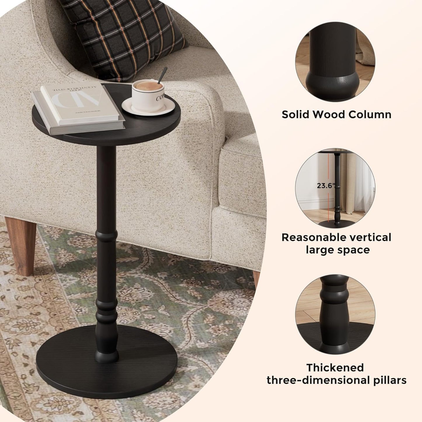 12" Round Side Table, Solid Wood Pillar with Wood Top & Base, Small Drink Accent Table for Living Room, Bedroom, Sofa & Office, Easy Assembly, Black