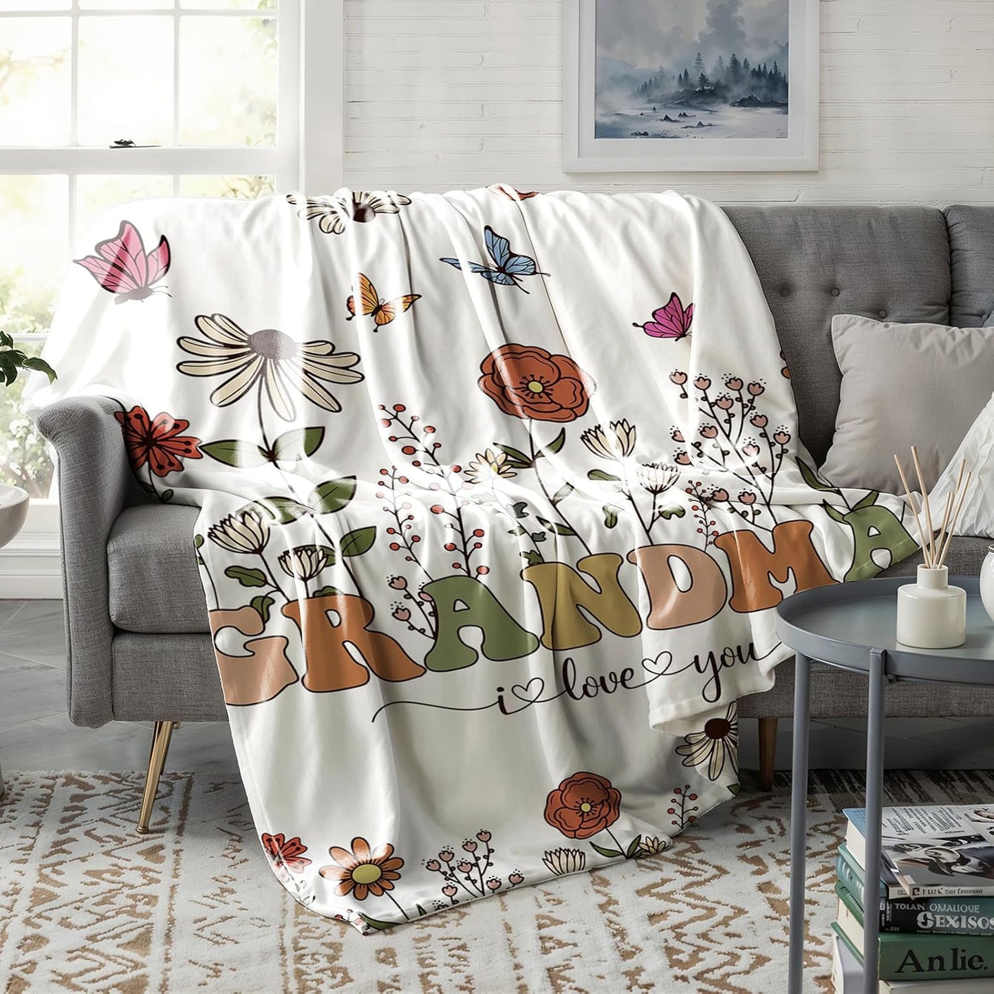Aperturee Grandma Birthday Gifts Blanket and Tote Bag Set, 50x60 Inches Floral Happy Birthday Granny Throw, Soft Cozy Butterflies I Love You Blanket for Women, for Grandma