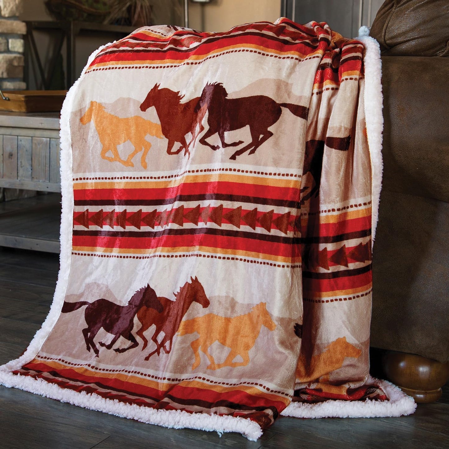 CARSTENS, INC. Wrangler Ultra Premium Super Soft Plush Sherpa Fleece Oversized Throw Blanket 54" x 68", Running Horses