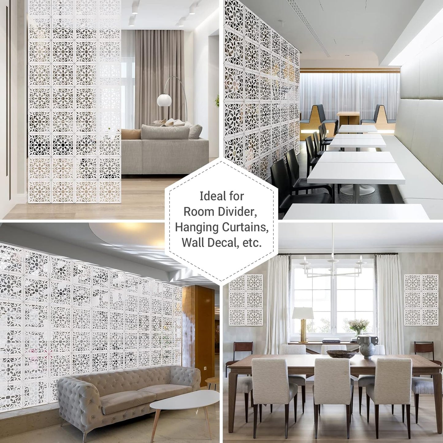 ANMINY 12 PCS Hanging Room Divider Decorative Thick Wall Screen Panels Floral Carving Pattern Hollow Out Design for Bedroom Living Dining Room Kitchen Office Restaurant Home Hotel Decor - White Flower