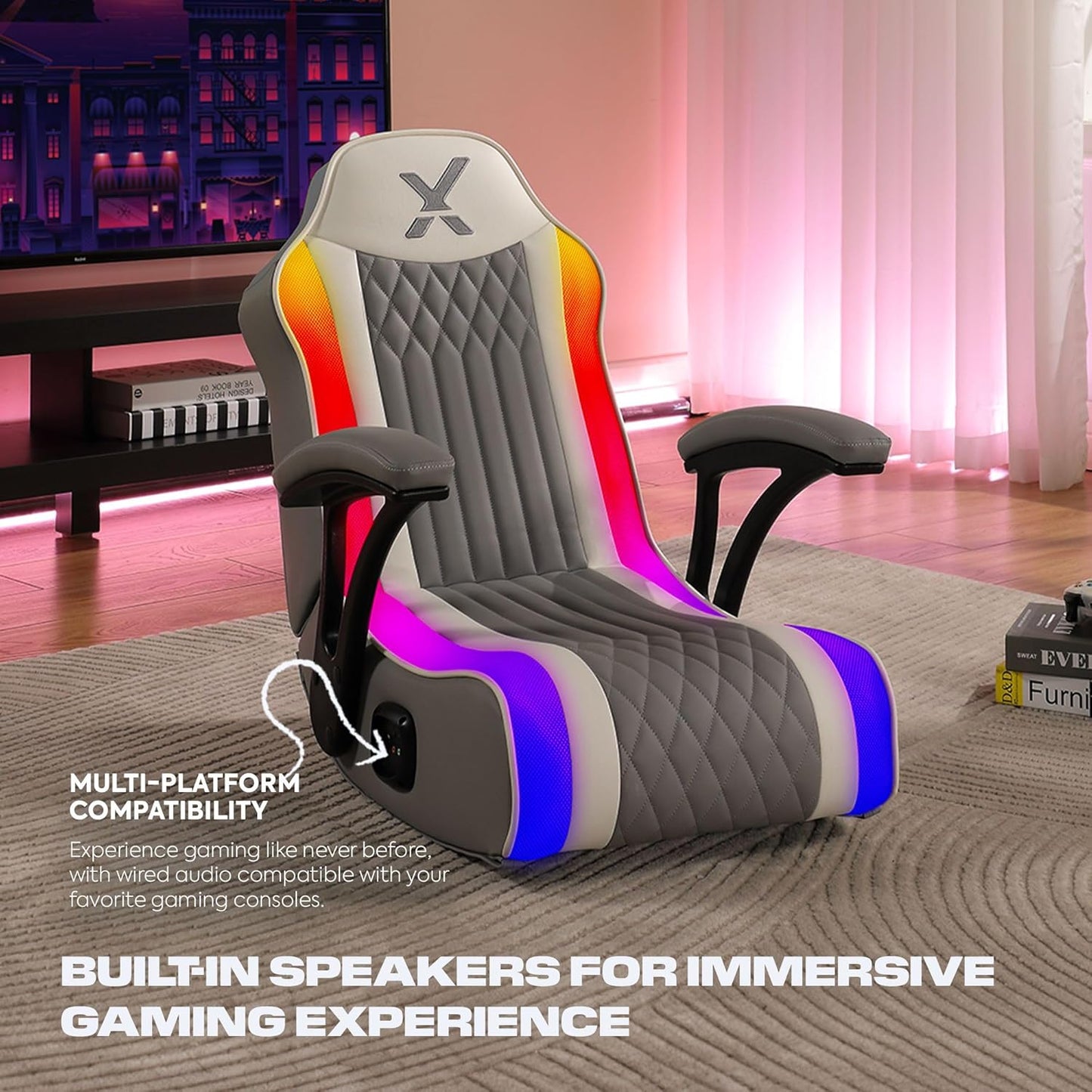 X Rocker SE Video Gaming Chair with 2 Headrest Audio Speakers, Foldable Floor Rocker with Wireless Bluetooth or Wired Connection, 200 lbs Max, Blue Black Gray