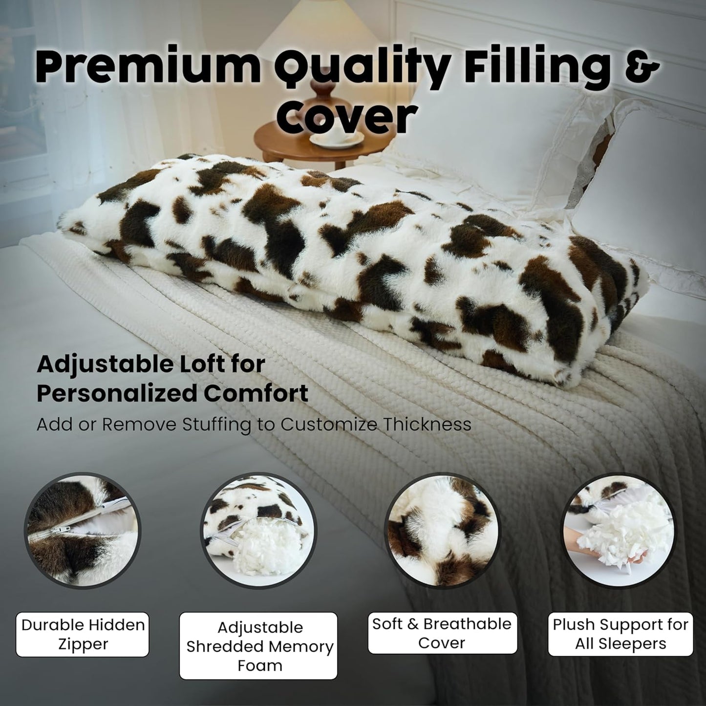 OMEO Winter Fluffy Full Body Pillow – Memory Foam Pregnancy Pillow, Nursing Pillow for Side Sleepers, Weighted Body Pillow for Adults (Soft Cow Print Cover)