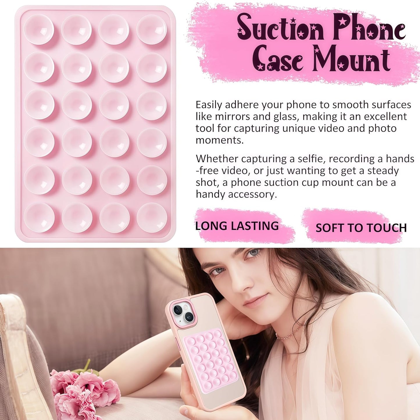 Anteel 6 Pack Silicone Suction Phone Case Adhesive Mount, Strong Grip Holder for Selfies and Tiktok Videos, Hands-Free Sticky Phone Grip for iPhone and Android, 2.17" x 3.15"