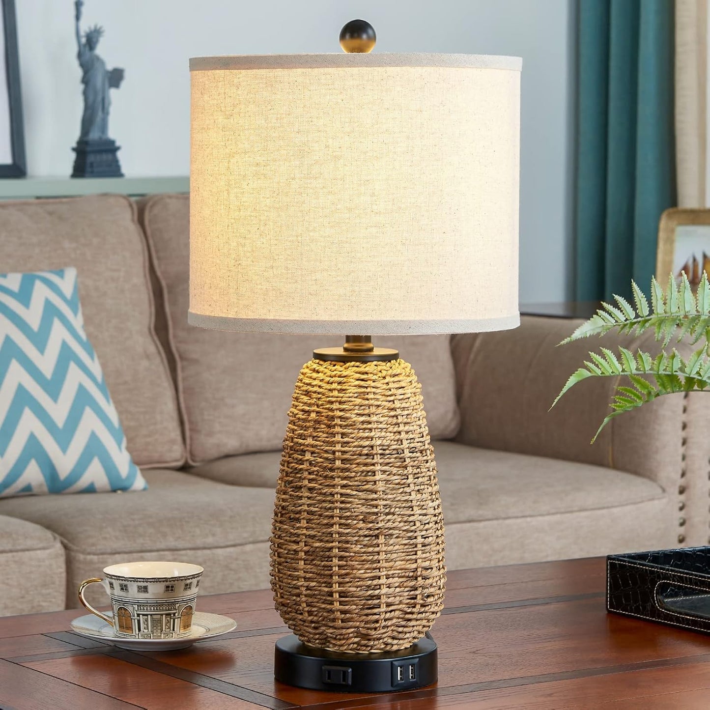 Touch Control Rattan Table Lamp, 3 Way Dimmable Bedside Lamp for Bedroom with 2 USB Ports and AC Outlet, Nightstand Lamps for Living Room(LED Bulbs Included), Grass-1PK