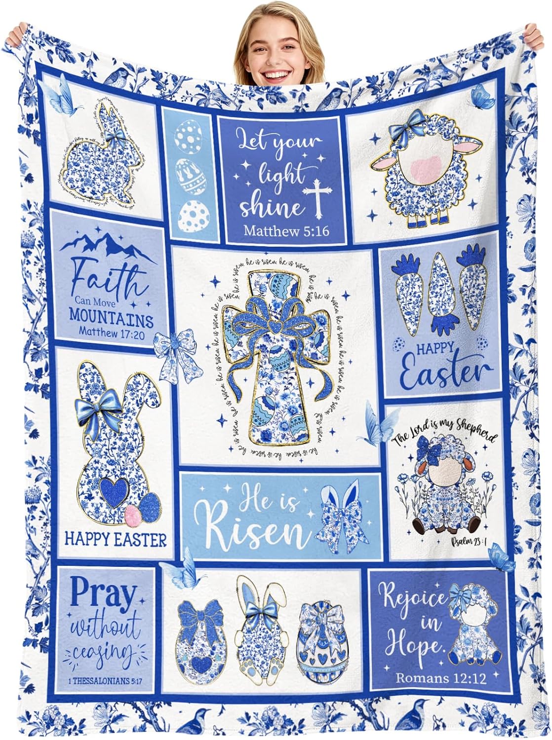Christian Easter Throw Blanket, Chinoiserie Bunny Eggs Soft Fuzzy Flannel Plush Blanket, Blue Flower Rabbit Throws Blankets for Home Bed Sofa Couch Easter Holiday Birthday Gift 50'' x 60''