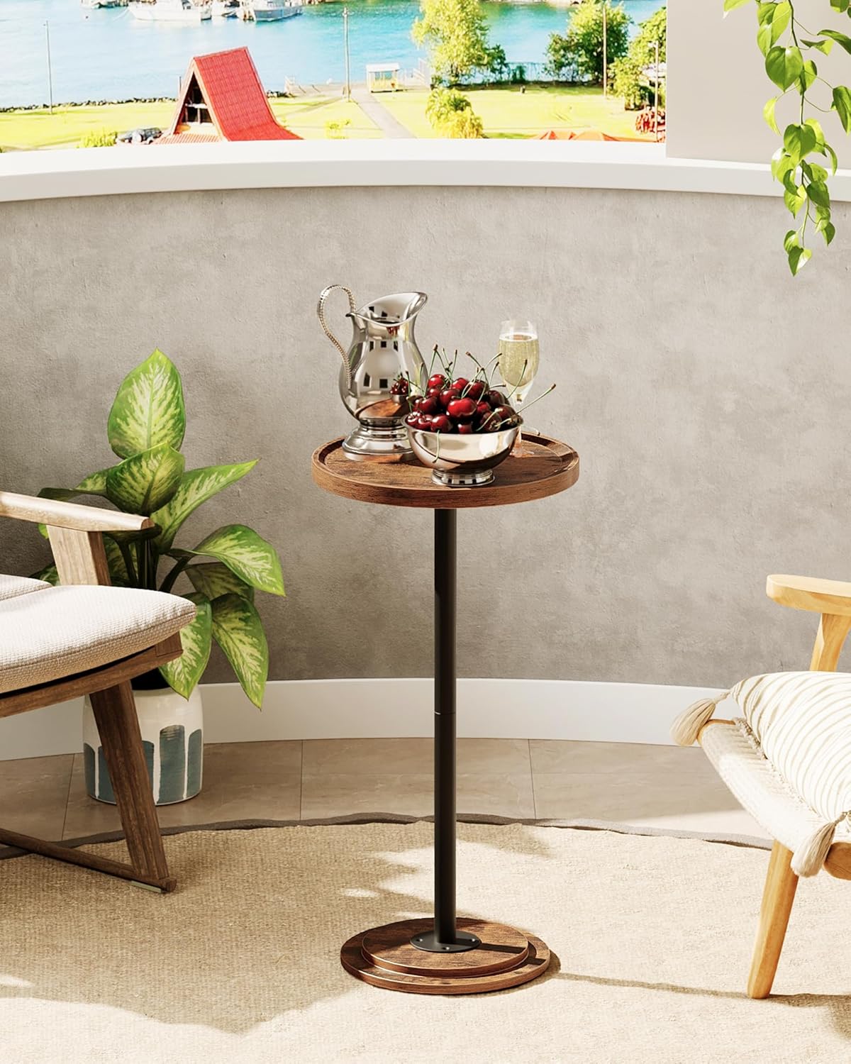 Drink Table, Small Round Side Table for Small Spaces, Thickened Base End Table, for Living Room, Bedroom, Rustic Brown and Black TBZ30BF