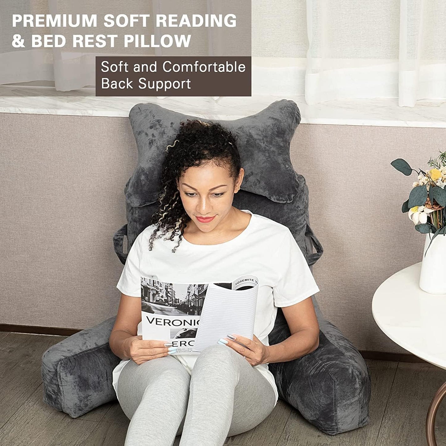 Reading Pillow-Bed Rest Pillow with Detachable Neck Roll & Higher Support Arm for Sitting in Bed Couch or Floor-Backrest Reading Pillow Adult Back Pillow for Reading/Watching TV/Gaming,Dark Grey