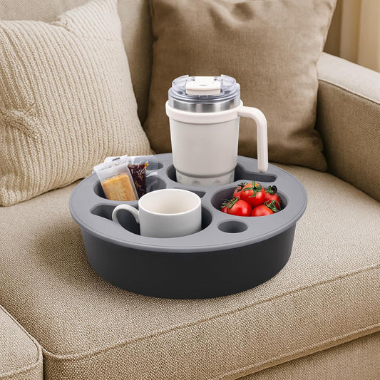 Couch Cup Holder Tray Round, Bonfixe 4-Cups Bedside Drink Holder for Elderly/Pregnancy, Stable Non-Spill Silicone Couch Caddy for Remote Control, Glasses‌, Snacks, Phones‌ (Black-Gray)