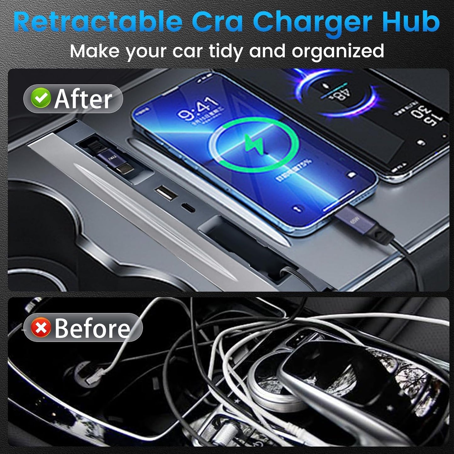 Upgrade Car USB Hub for Tesla Model 3 & Model Y Accessories, 65W Fast Phone Charger with 2 USB-C Retractable Cables & Waterproof Slide Cover Fit Model 3 2024-2026 & Model Y Juniper 2025-2026