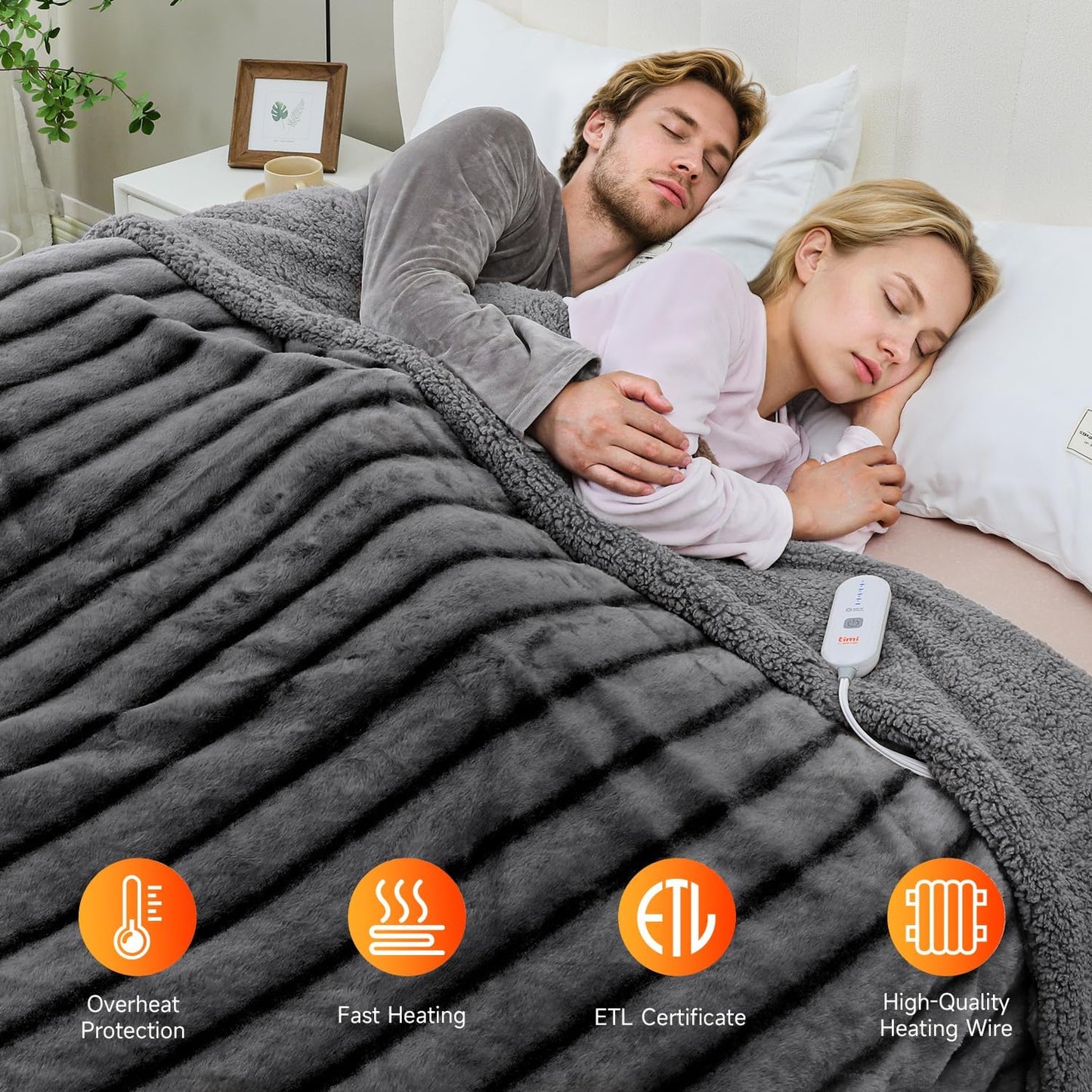 Heated Blanket Electric King- 100"x90" Soft Thick Faux Fur Electric Blanket for Sofa with 5 Heat Levels & 10 Hours Auto-Off Overheat Protection, Warm Cozy Gifts, Grey