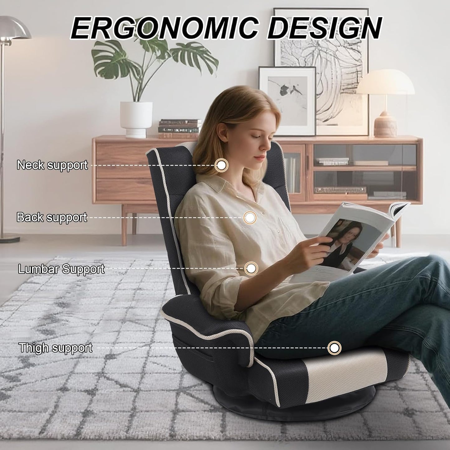 Linen Fabric Ergonomic Gaming Chair, 6-Position Reclining Sofa Bed with Lumbar Support, Foldable Floor Lounger with Thick Cushion, Armrests & Side Pockets for Esports, Reading, Napping (Grey + Beige)