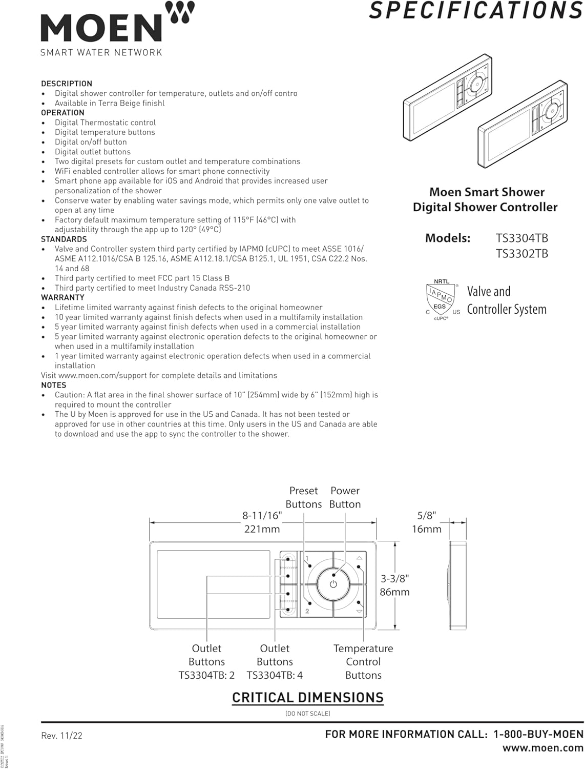 Moen Terra Beige Smart Shower 2-Outlet Digital Water System Controller for Thermostatic Shower Valve, TS3302TB