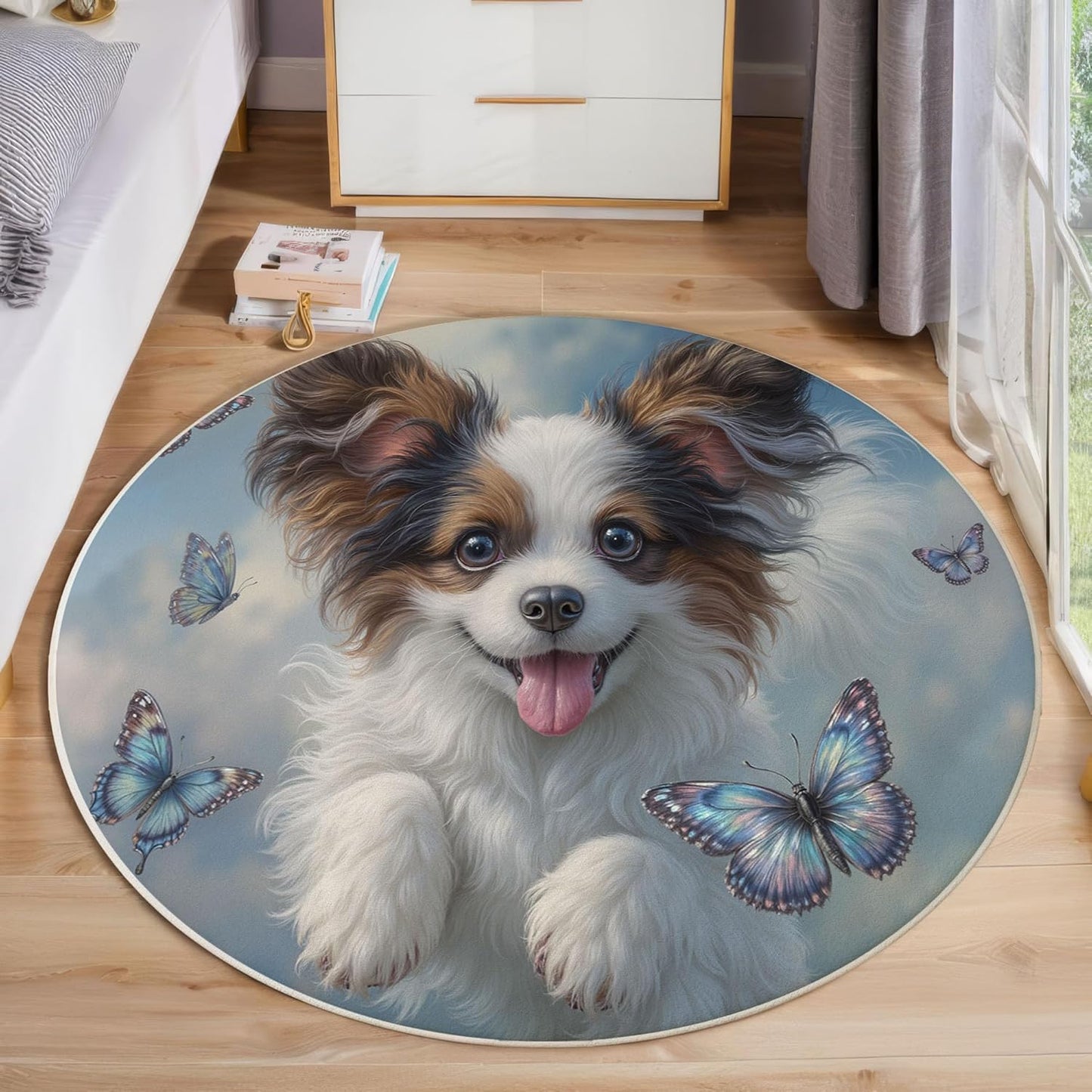 Washable Cute Puppy Butterfly Area Rug, 5Ft Round Rugs for Living Room Soft Carpet for Bedroom Animal Illustration Indoor Stain Resistant Non-Shedding Floor Carpet, Blue, 5Ft-Round