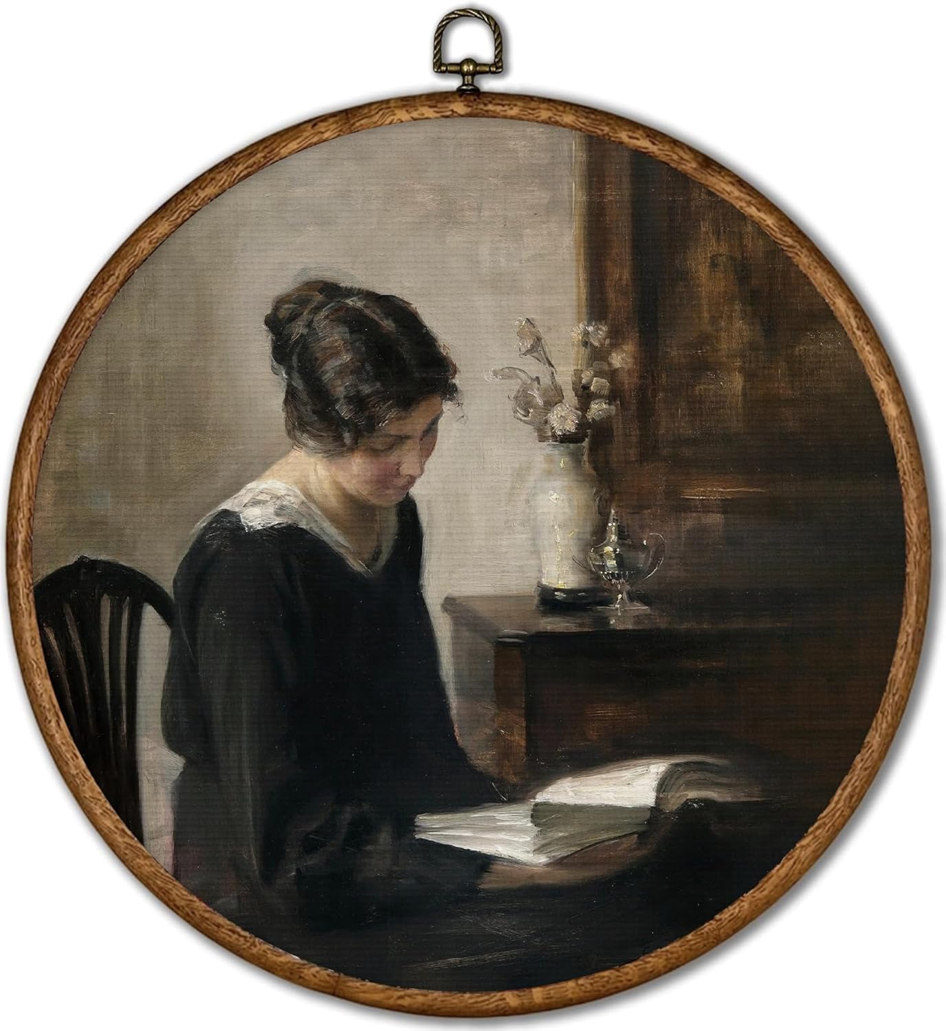 Vintage Moody Woman Reading Book Round Wall Art Framed, French Country Wall Decor, Master Paintings Farmhouse Antique Hanging Canvas Prints(10X10inches) -A18