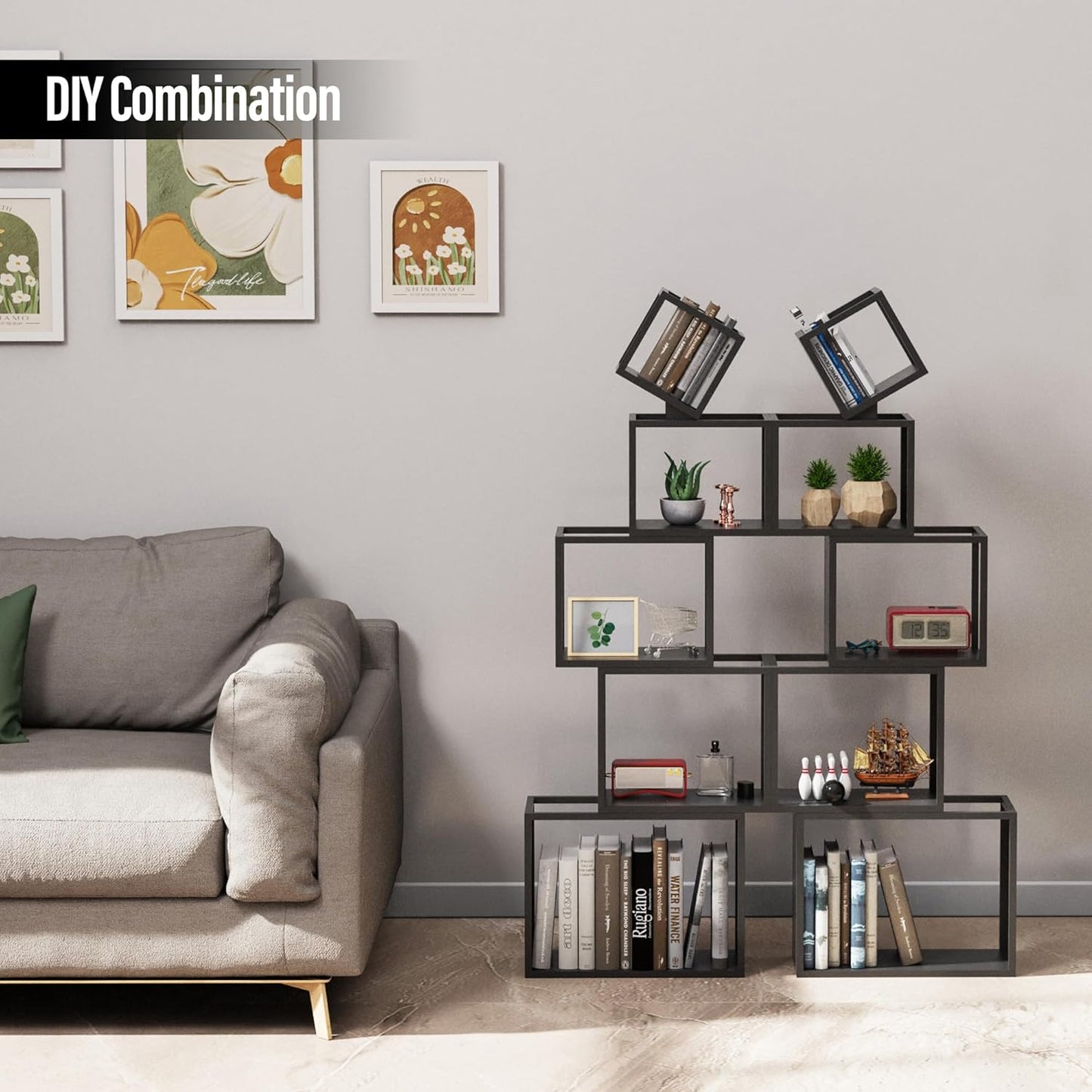 5-Tier Black Unique Metal Bookshelf – 52" Modern Bookcase for Books, CDs & Collectibles – Stylish Storage & Display Shelf for Living Room, Bedroom, Office