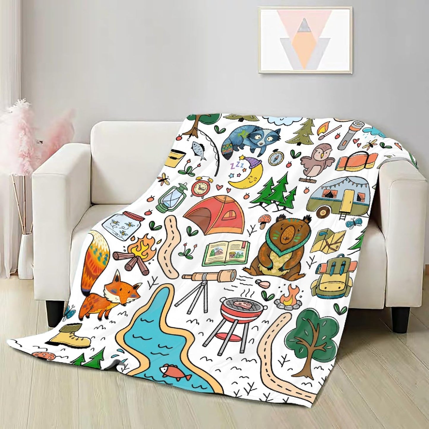 Camping Blanket Gifts for Women Men,Soft Camping Throw,Cute Plush Flannel Camping Quilts Decorations for Bedroom Sofa Bed Outdoor Travel 80 x 60in for Adults