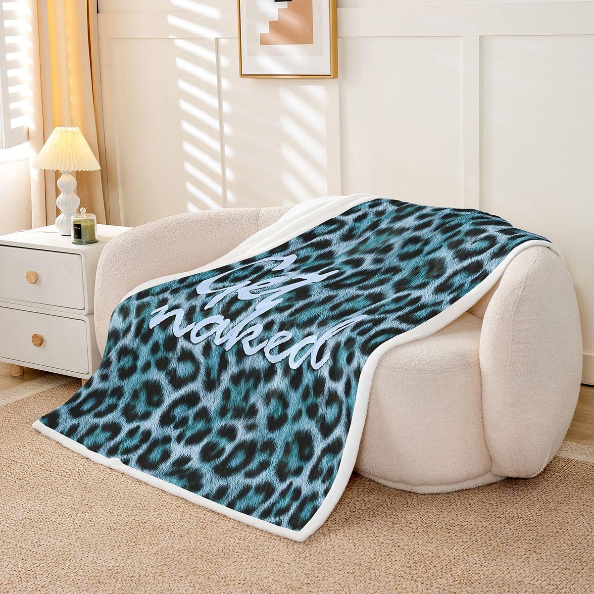Feelyou Leopard Print Get Naked Throw Blanket Funny Quotes Soft Fleece Sherpa Cozy Fuzzy Plush Warm Blue Fuzzy Plush Throw Cheetah Twin 60"x80" for Bed Couch Living Room