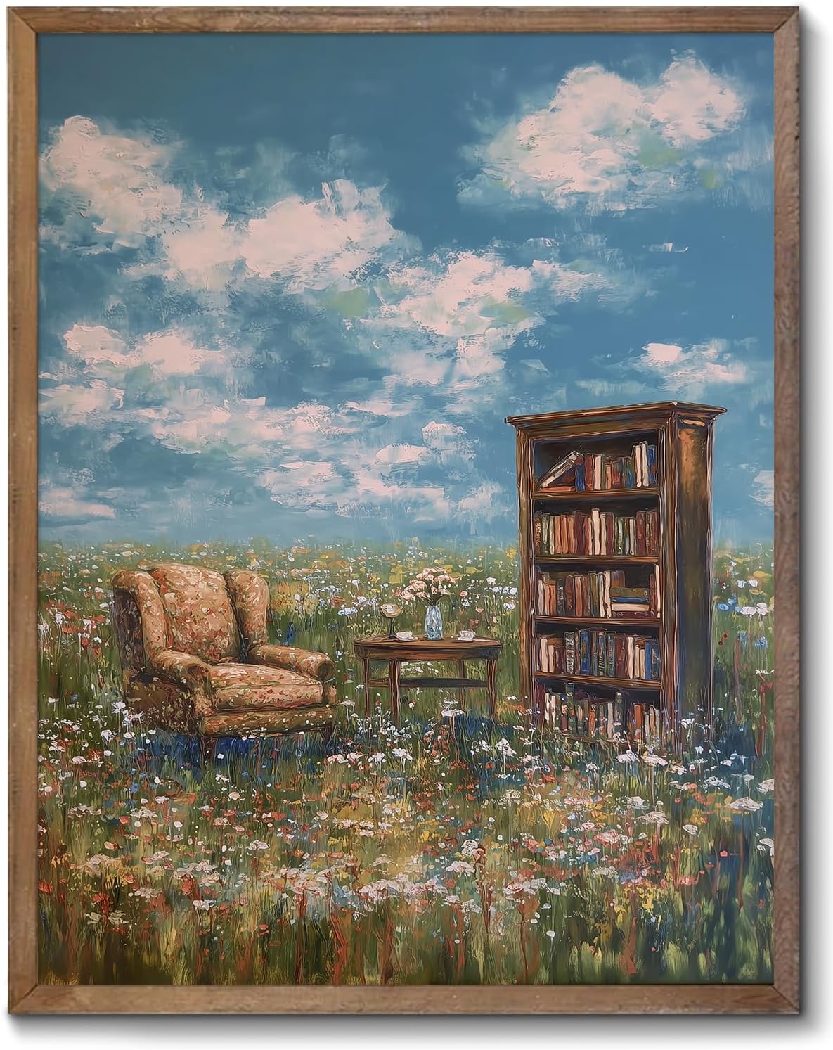 XOCUUI Vintage Whimsical Book Lover Wall Art, Impressionist Flower Field Painting Decor, Rustic Book Nook Canvas Prints, Bookish Gifts French Country Artwork for Bedroom Living Room 8x10 No Frame