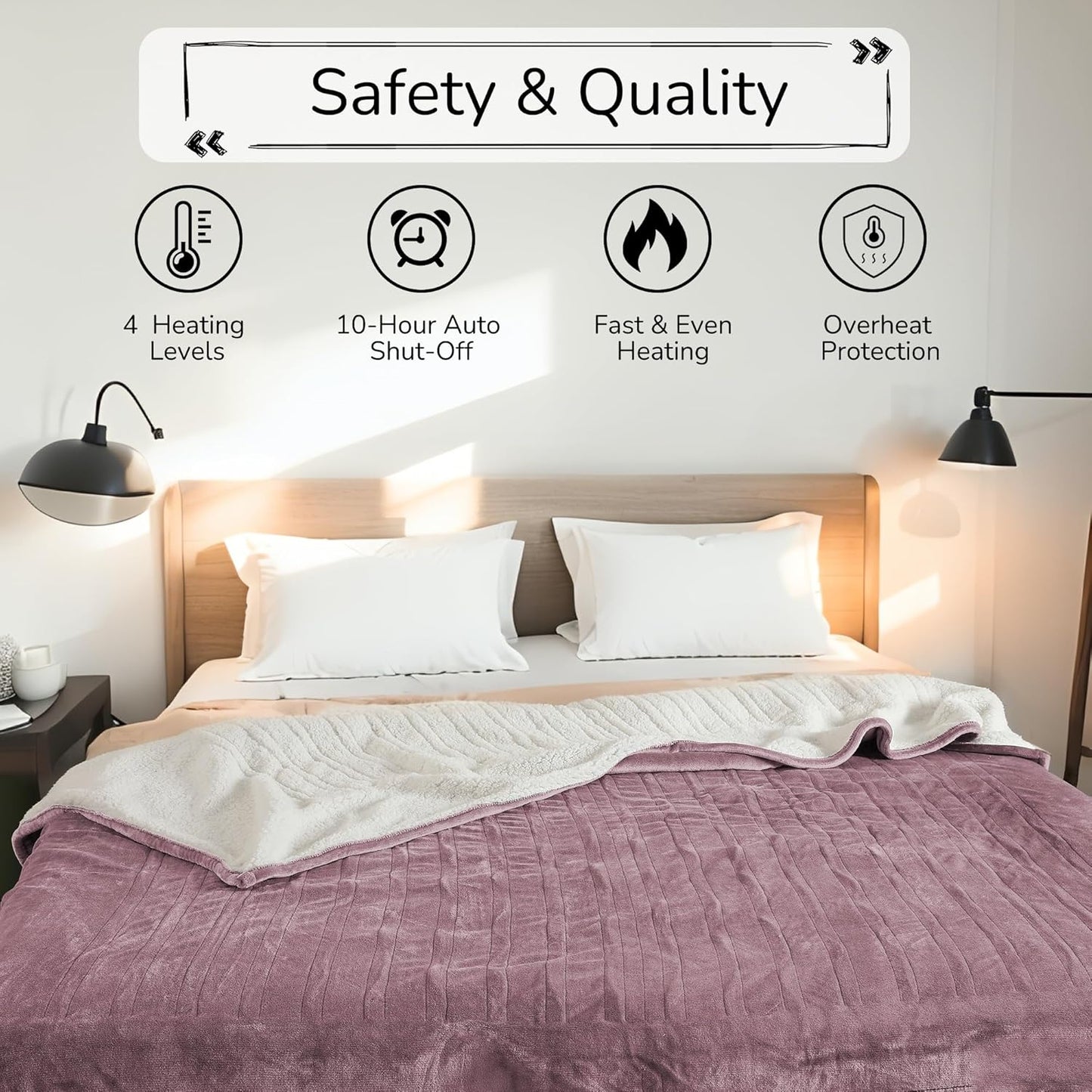 Electric Heated Blanket 72"x84" Full Size - Dual-Sided with Microplush & Sherpa Fabric, 4 Heat Settings & 10 Hours Auto Off, Machine Washable - Berry