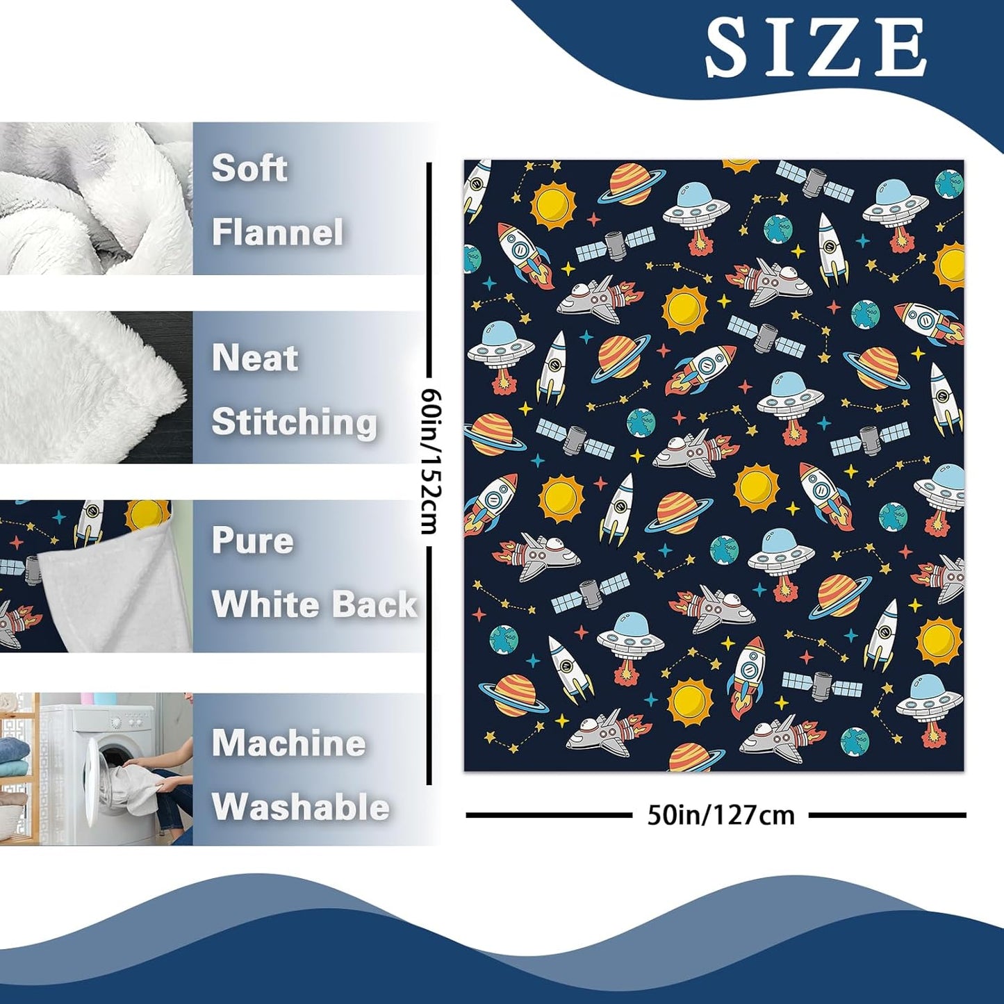 Out Space Flannel Throw Blanket, Planet Rocket Spacecraft Gifts for Kids Boys Baby, Galaxy Sun Stars Birthday Ideas, Soft Blankets Present for Children Teens 50'' x 60''
