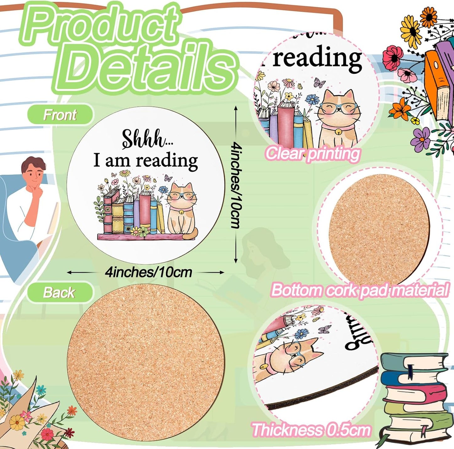 Hushee 8 Pcs Book Lovers Coaster Gifts Wooden Coffee Mug Coaster Favor for Librarian Bookish Merch Bookish Group Library Supplies Decoration Reading Club Favor Book Lovers Gifts(Read)