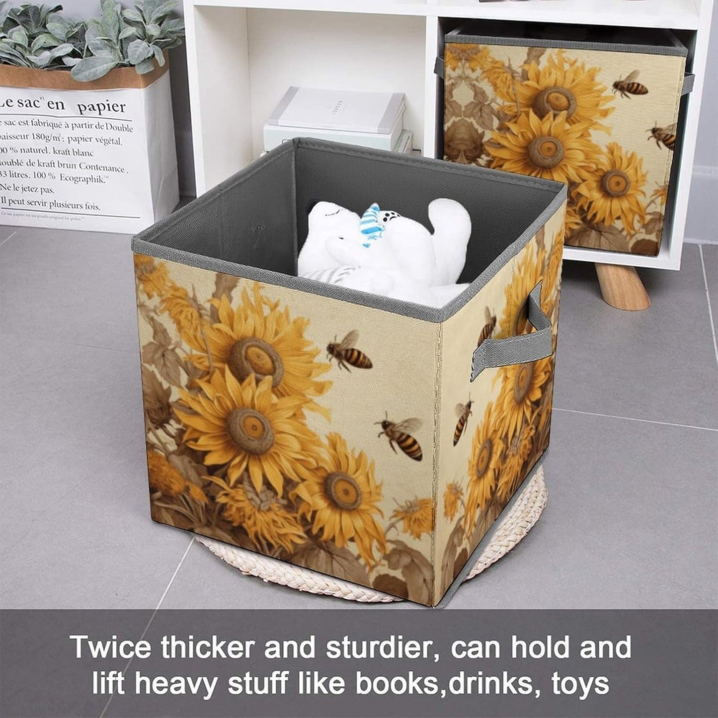 Bees And Sunflowers on Old Paper Storage Bins with Handles Fashion Large Storage Cubes Sturdy Foldable Storage Boxes Space-Saving Storage Baskets for Home Office Clothes Closet Organizers