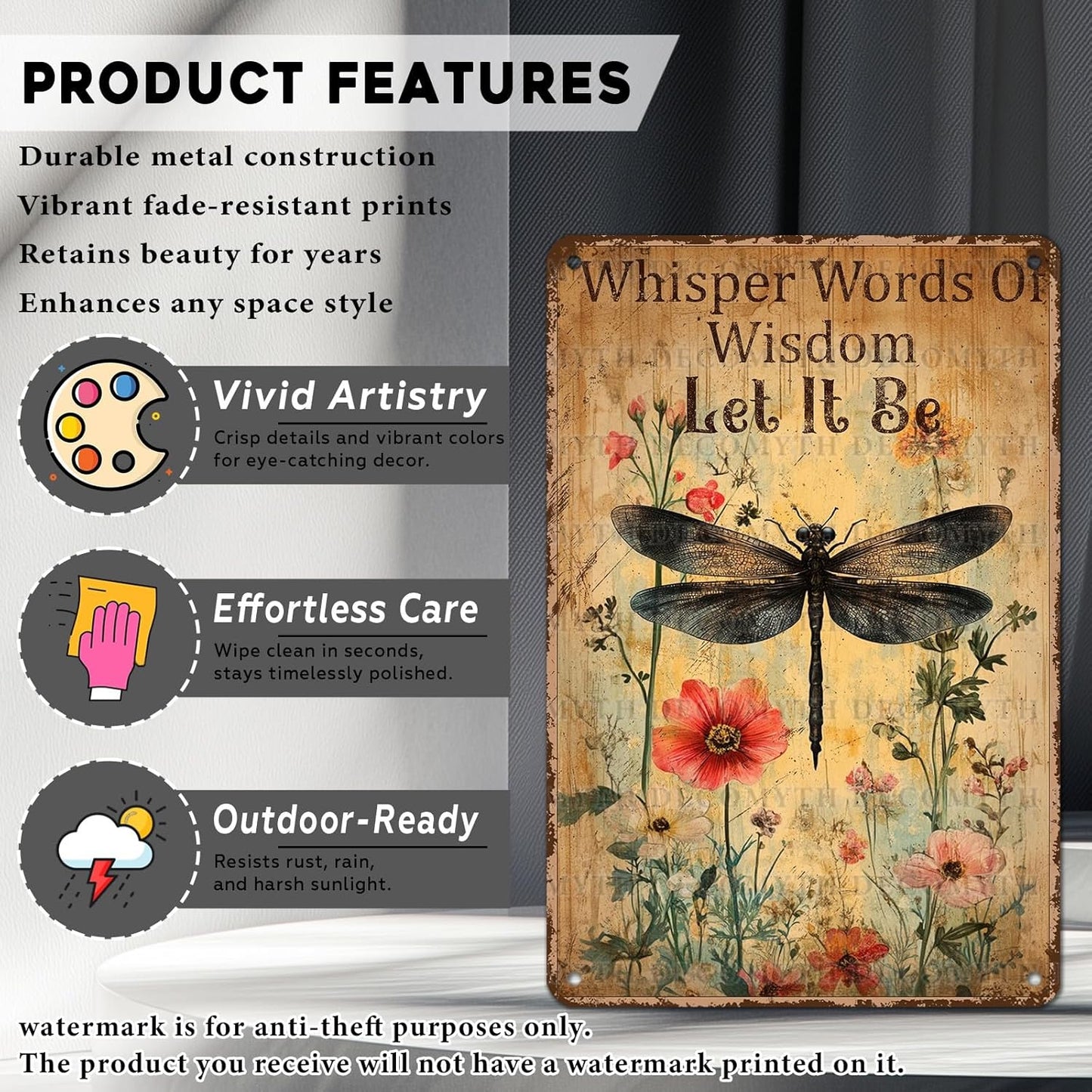 Dragonfly Tin Sign Plaque Tin Metal Plaque Vintage Dragonfly Art Whisper Words Of Wisdom Let It Be Wall Decor for Patio Garden Porch 12 * 8inch