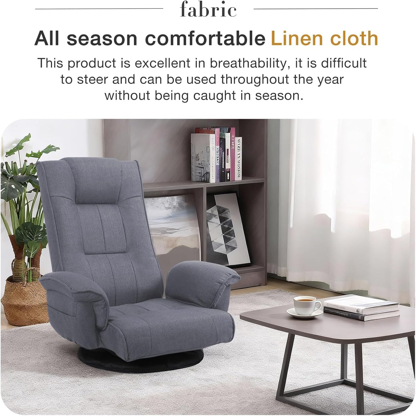 Ergonomic Swivel Floor Gaming Chair with Armrests & Side Pockets, 6-Position Reclining Sofa Bed, Foldable Padded Lounger with Thick Cushion & Lumbar Support for Esports, Reading, TV Watching (Grey)