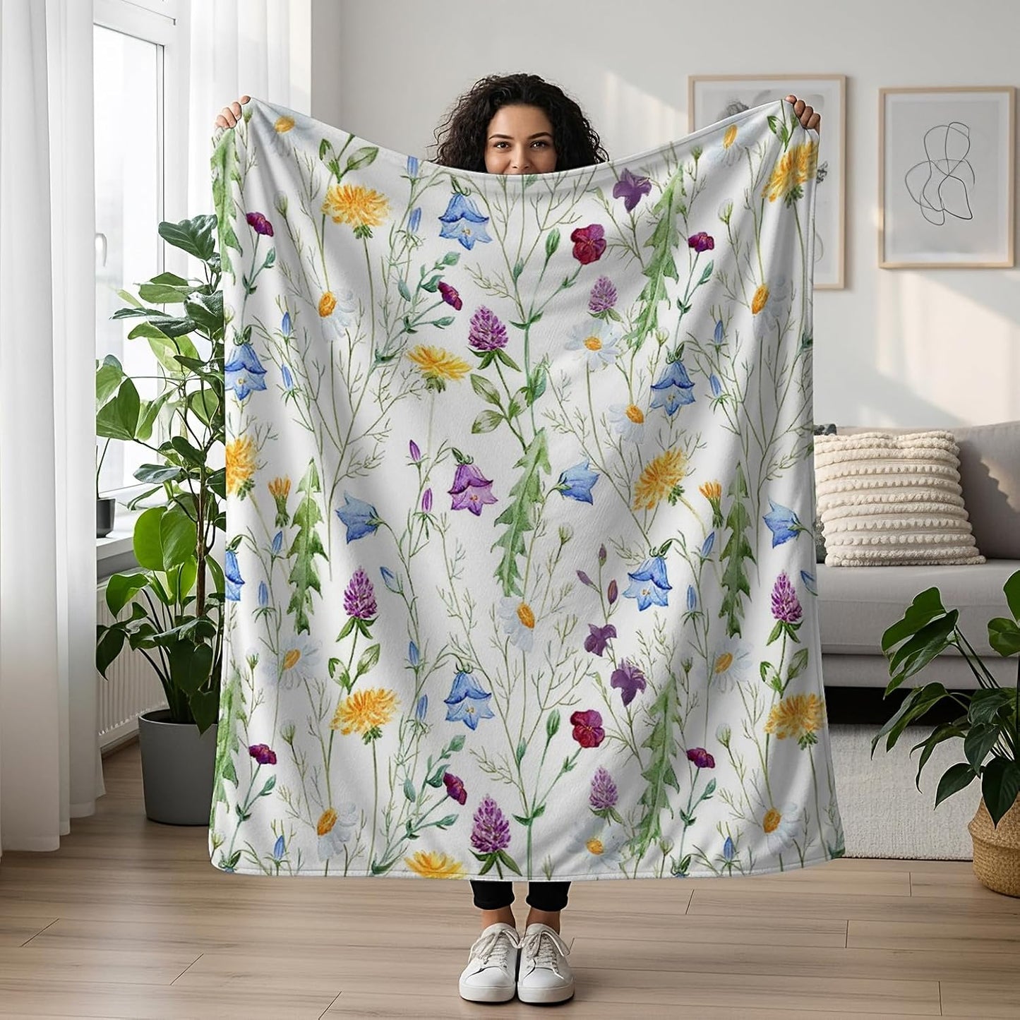Boho Floral Throw Blanket Botanical Wildflower Butterfly Print Ultra Soft Cozy Flannel Blanket Rustic Home Decor for Couch Sofa Bed, 50x60 Inch