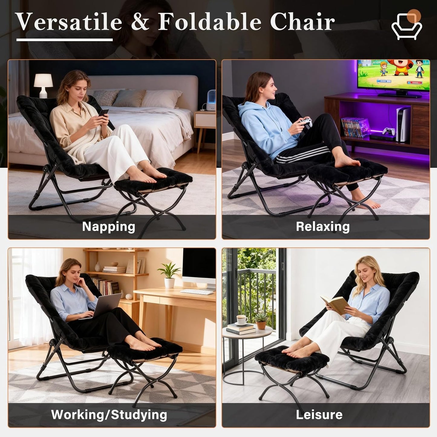 Oversized Folding Faux Fur Chair with Ottoman, X-Large Soft Saucer Chair, Foldable Metal Frame for Bedroom, Living Room, Balcony (Black)