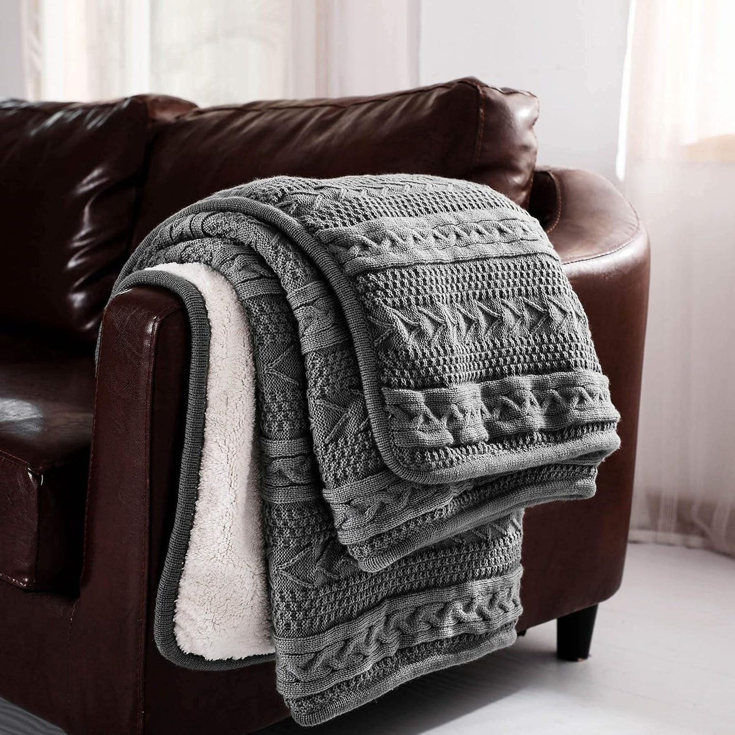 Longhui bedding Acrylic Cable Knit Sherpa Throw Blanket - Thick, Soft, Big, Cozy Grey Knitted Fleece Blankets for Couch, Sofa, Bed - Large 50 x 63 Inches Gray Coverlet All Season