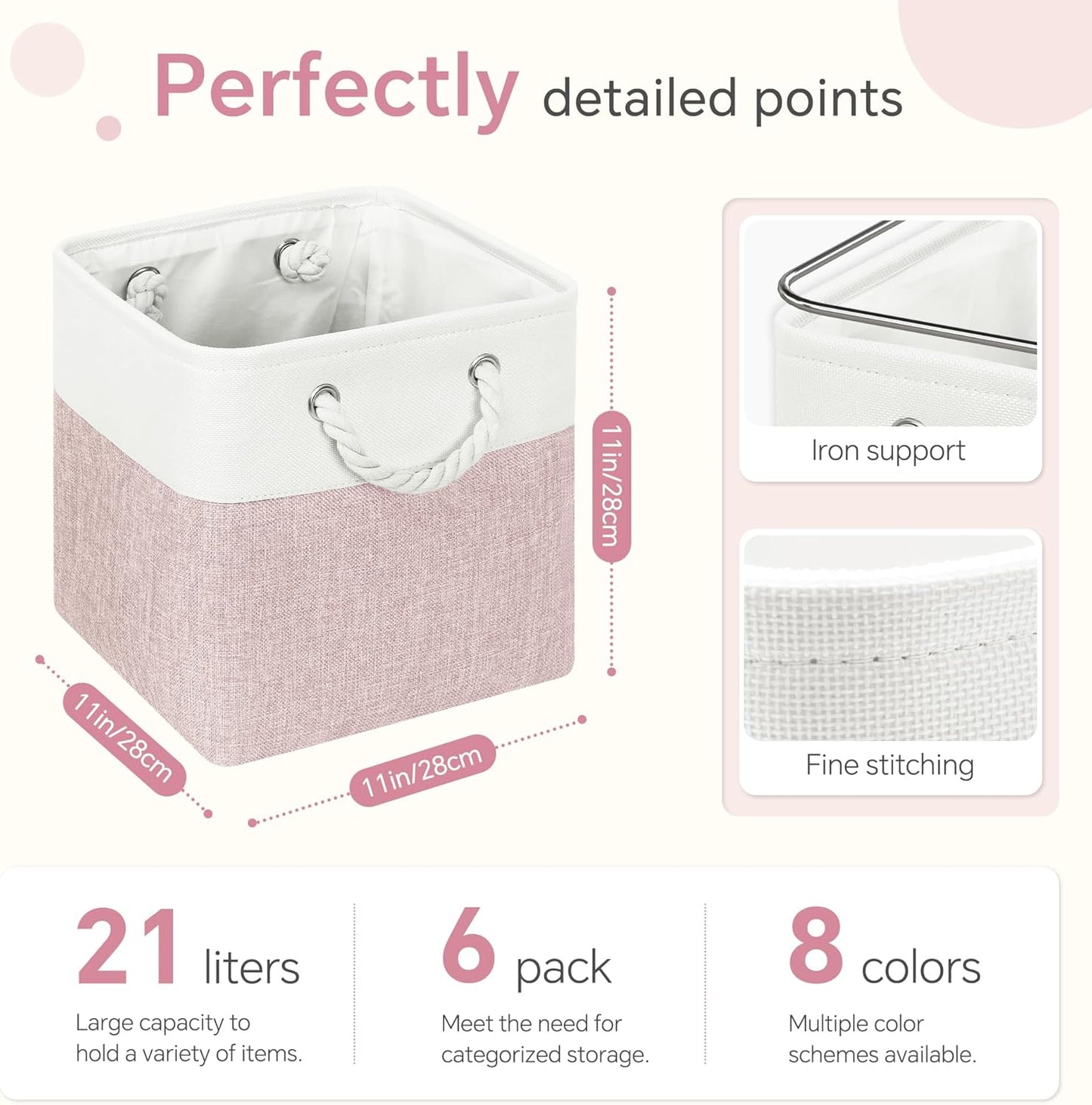 Cube Storage Bins, 6 Pack 11x11 inch with Cotton Handles for Closet, Shelves, Clothes, Towel (White/Pink)