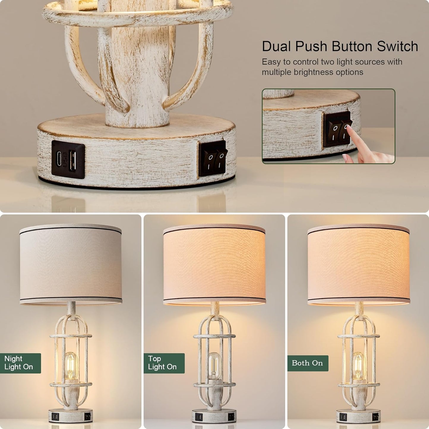 22.3" Farmhouse Table Lamps Set of 2, Vintage Lamps for Living Room End Tables, Bedroom Lamp for NightStand with USB C+A Ports, Antique White