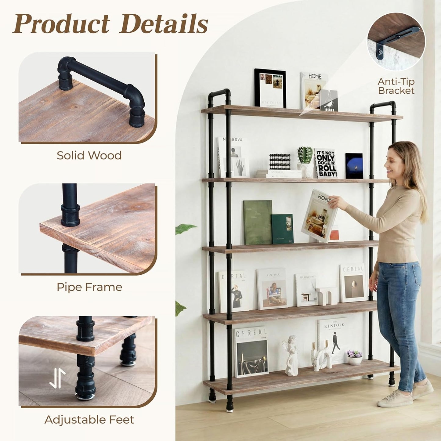 Industrial Bookshelf, 5-Tier Pipe Shelf, Wall Mounted Bookcase for Home and Office (Weathered Brown, 48" L x 11.8" W x 70" H)