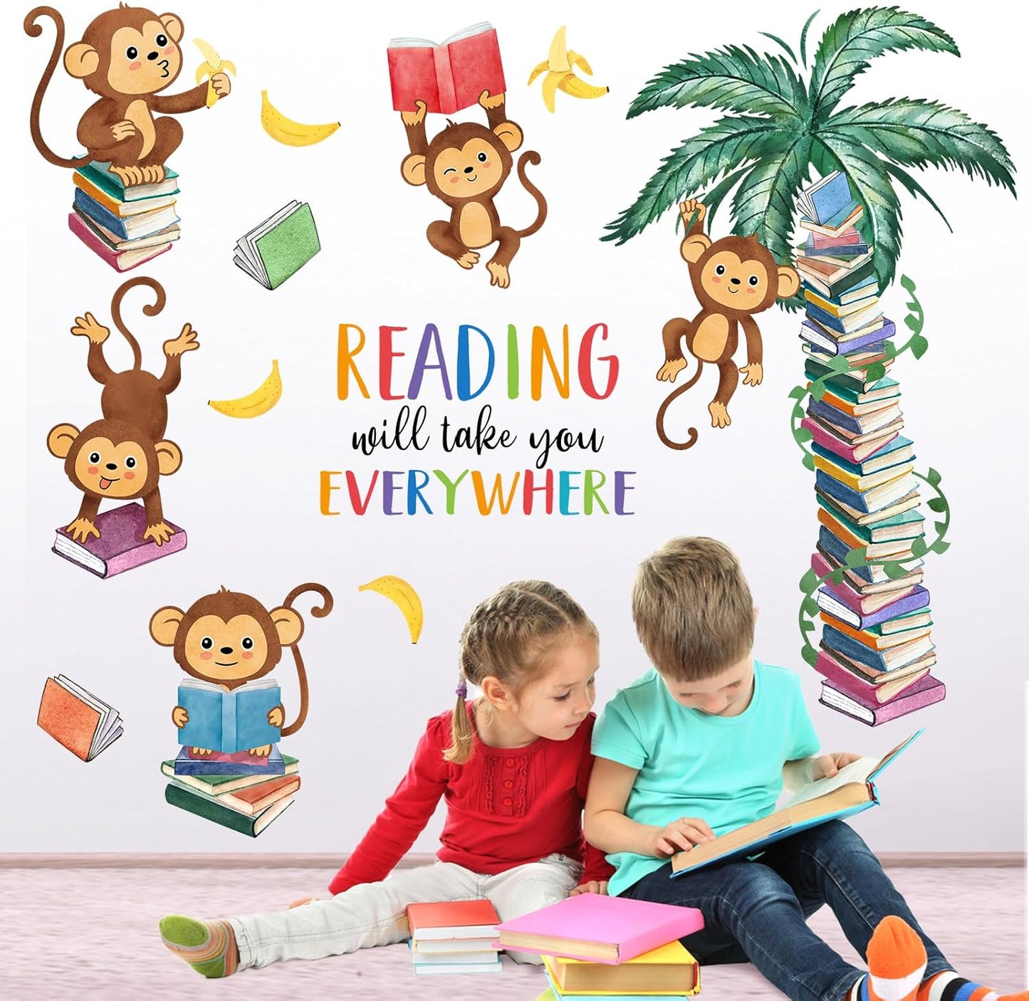 Mfault Monkey Reading Book Wall Decals Stickers, Reading Will Take You Everywhere Nursery Classroom Decorations Bedroom Art, Jungle Animal Inspirational Neutral Toddlers Kids Room Reading Corner Decor