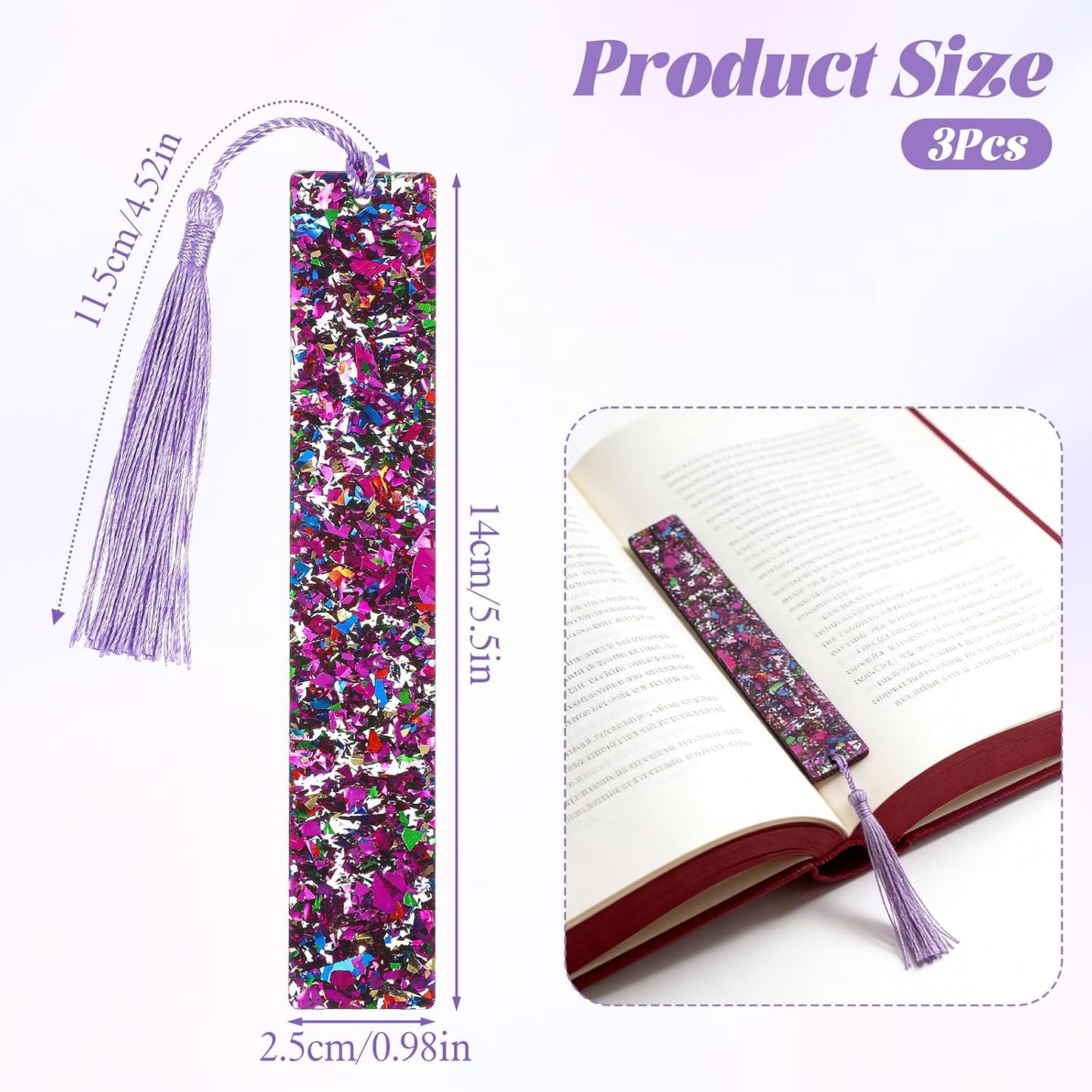 3PCS Glittering Bookmarks, Glitter Acrylic Bookmarks Transparent Glitter with Colorful Silk Tassels for Women Girls Reading Gifts