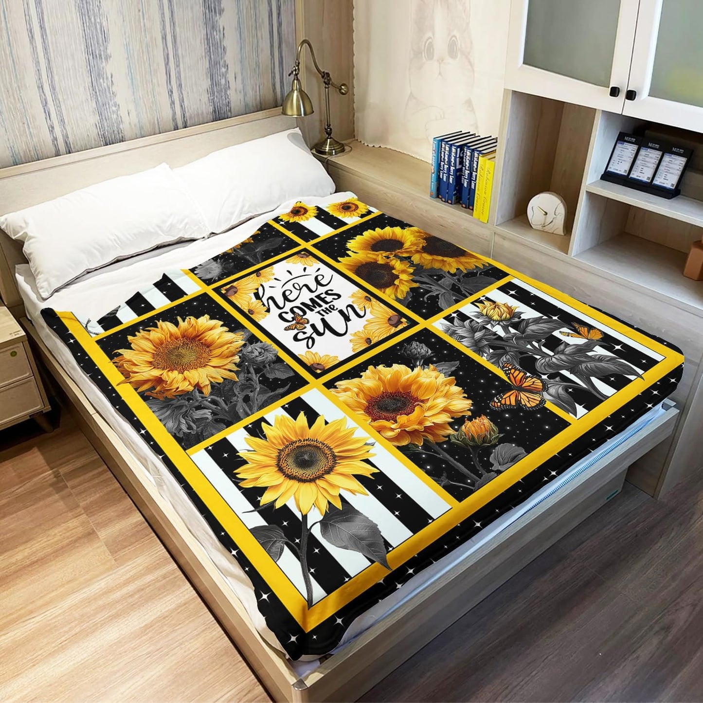 Sunflower Throw Blanket, Stars Butterfly Stripe Design, Soft Cozy Fleece Blanket for Couch Bed, 40 x 50 Inches