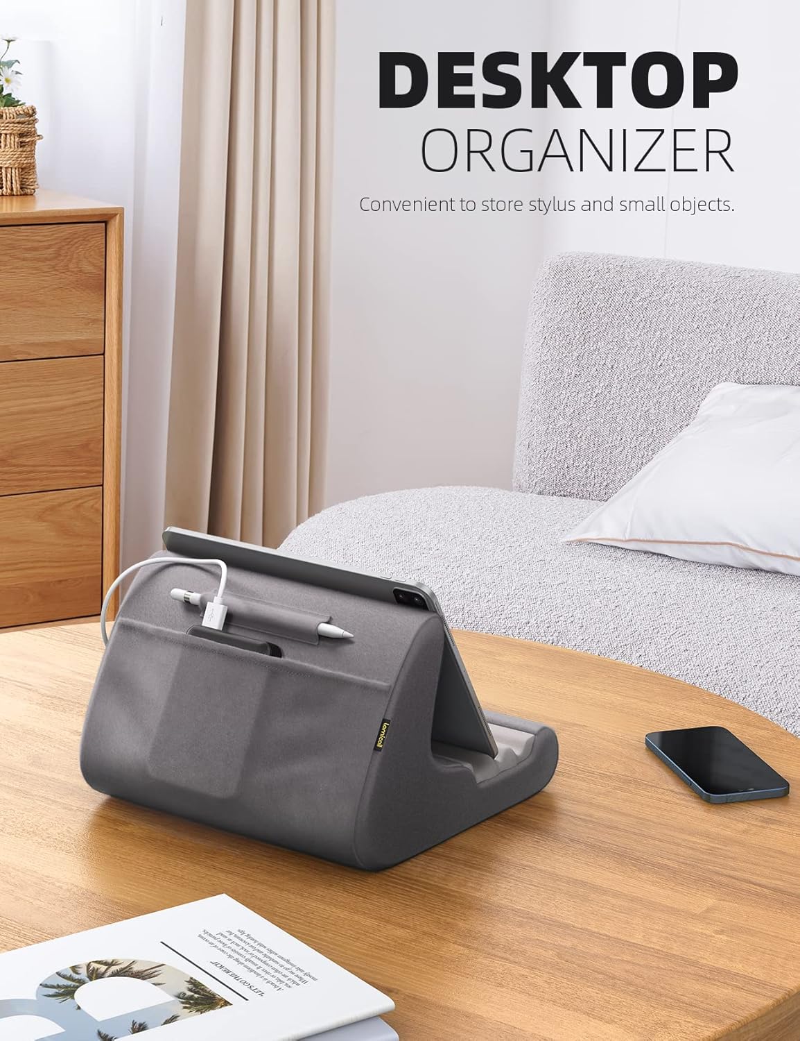 Lamicall Tablet Stand Pillow Holder - Tablet Pillow Soft Pad for Bed, Lap Phone Stand with Stylus Mount & Pocket, for iPad Pro 12.9, Air, Mini, Kindle, Galaxy Tab and 4-13" Devices, Dark Grey