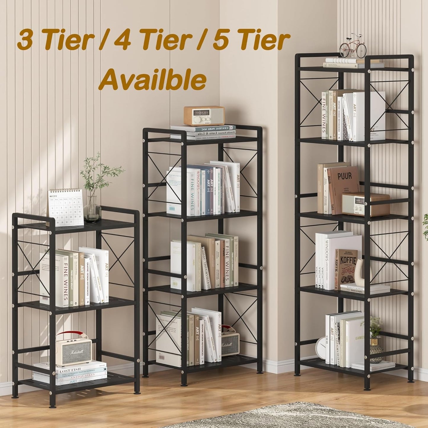 JSB 5 Tier Metal Bookshelf Bathroom Storage Standing Shelf Unit Kitchen Storage Organizer Display Rack Bookcases Shelves for Living Room, Bedroom, Office (Widen Black, 5 Tier)