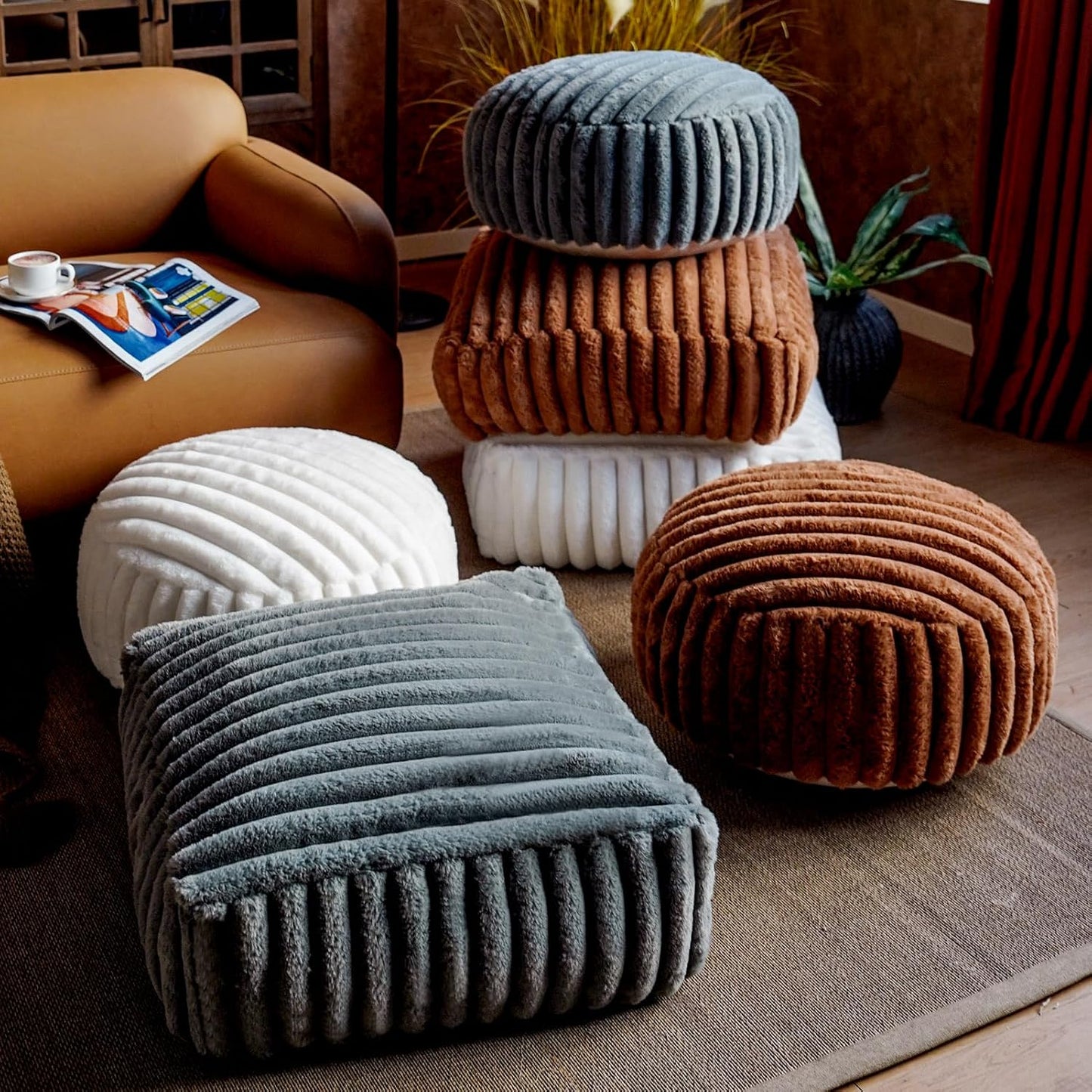 Unstuffed Pouf Ottoman Cover Soft Storage Extra Seat Farmhouse Comfortable Bohemian Poufs Accent Footrest 20x20x8 Inches for Living Room Bedroom Study Nook (Gray B, Square)