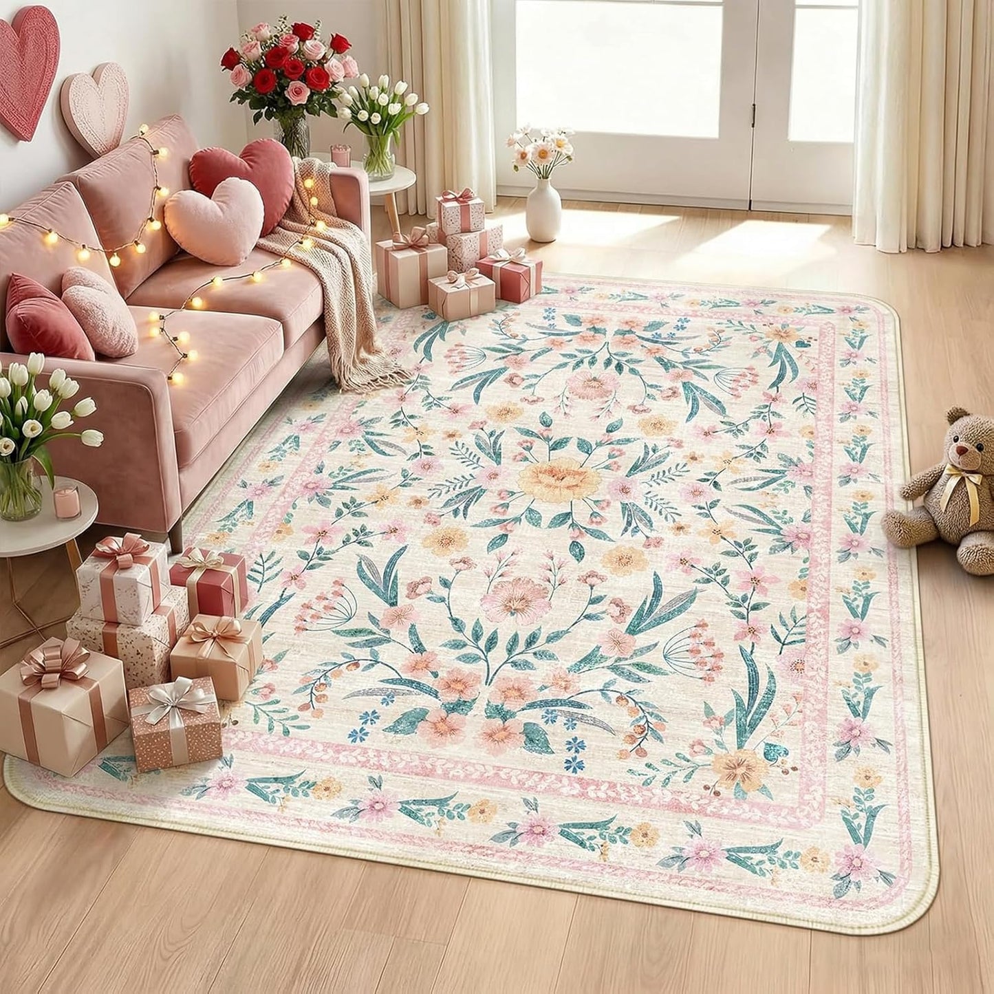 7x9 Area Rug Living Room Rugs,Pink Boho Floral Rug Washable Non-Slip Carpet for Girls Bedroom, Low Pile Soft Rug for Under Table or Bed, Aesthetic Home Décor