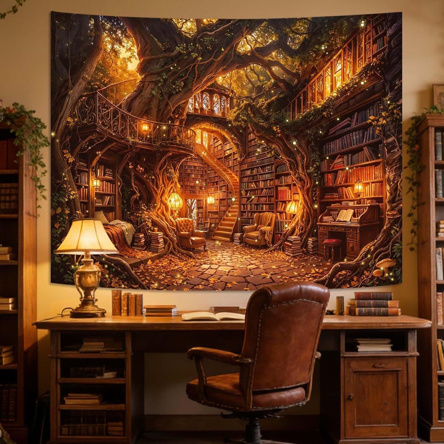 Kanuyee Magical Tree House Library Wall Tapestry, Fantasy Bookshelf Forest Art Tapestries for Room Decor, Enchanted Tapestry 80" x 60"