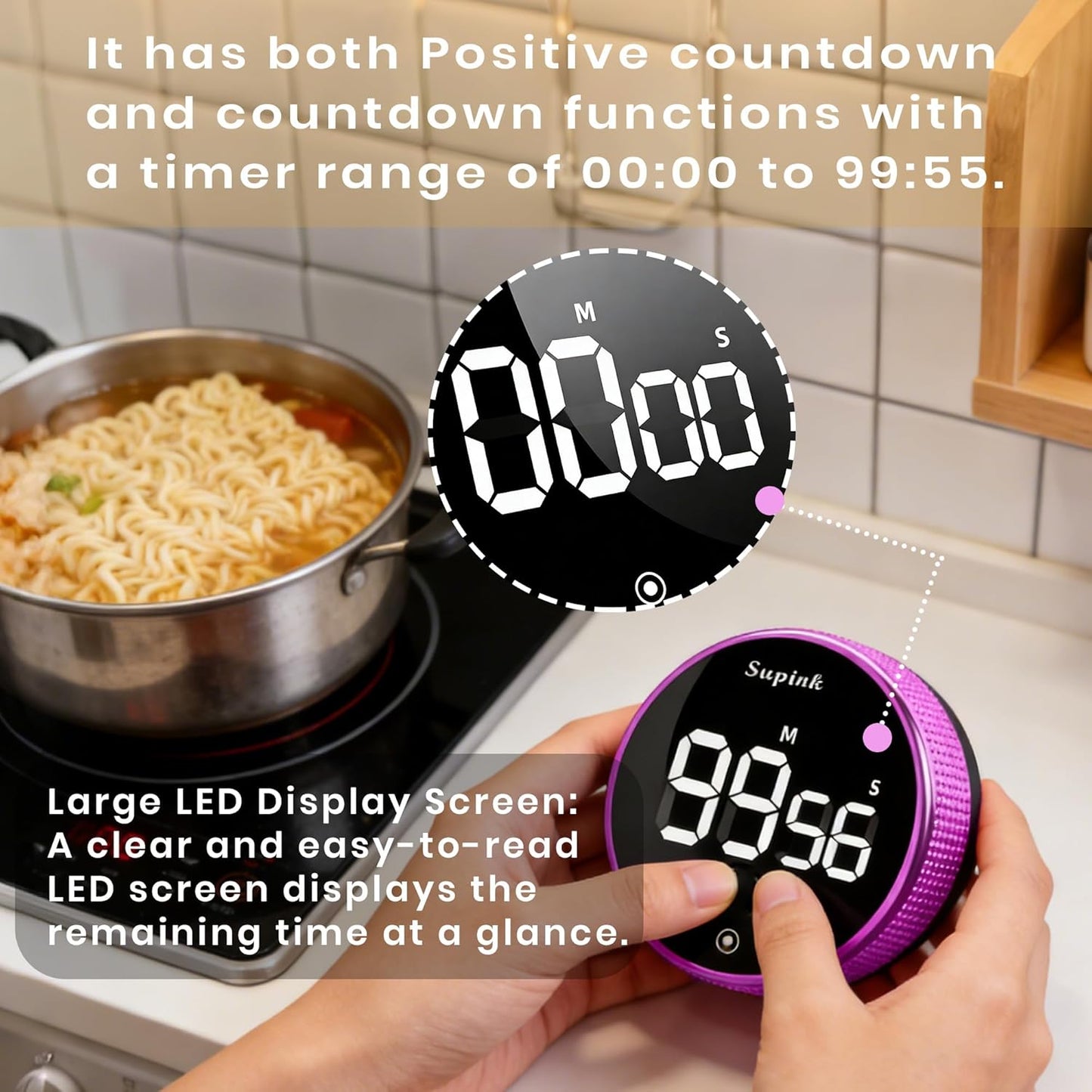 Magnetic Kitchen Timer, Digital Twist Cooking Timer with Large LED Display, Strong Back Magnet, Countdown & Count Up, 3 Adjustable Volume for Kitchen, Study, Classroom, Office (Rose Purple)