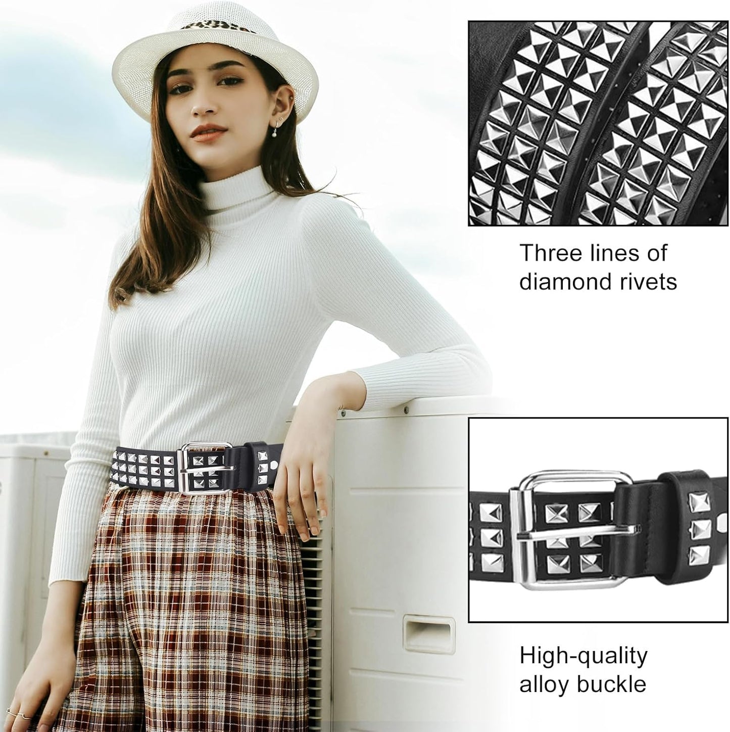 4 Piece Studded Rivet Double Grommet Belt Set - Faux Leather Gothic Goth Black - Punk Style Accessories for Men Women - Ideal Gift