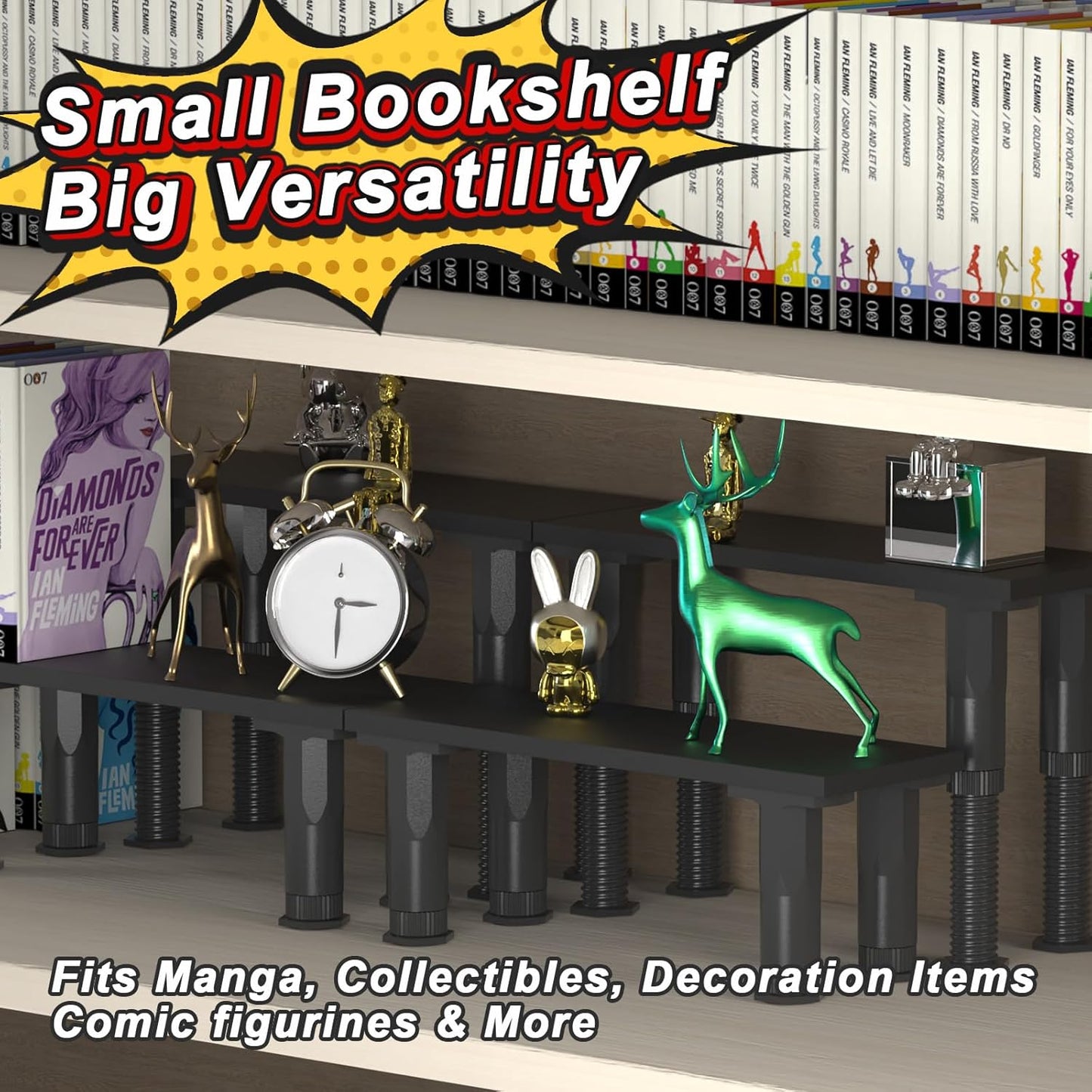 Manga Shelf Risers, 2 Pack Book Riser for Bookshelves, Black Wooden Height Adjustable Comic Books Shelves for Double Rows Display Stand for Books, Collectibles, Anime Figurines, Blind Boxes, CDs