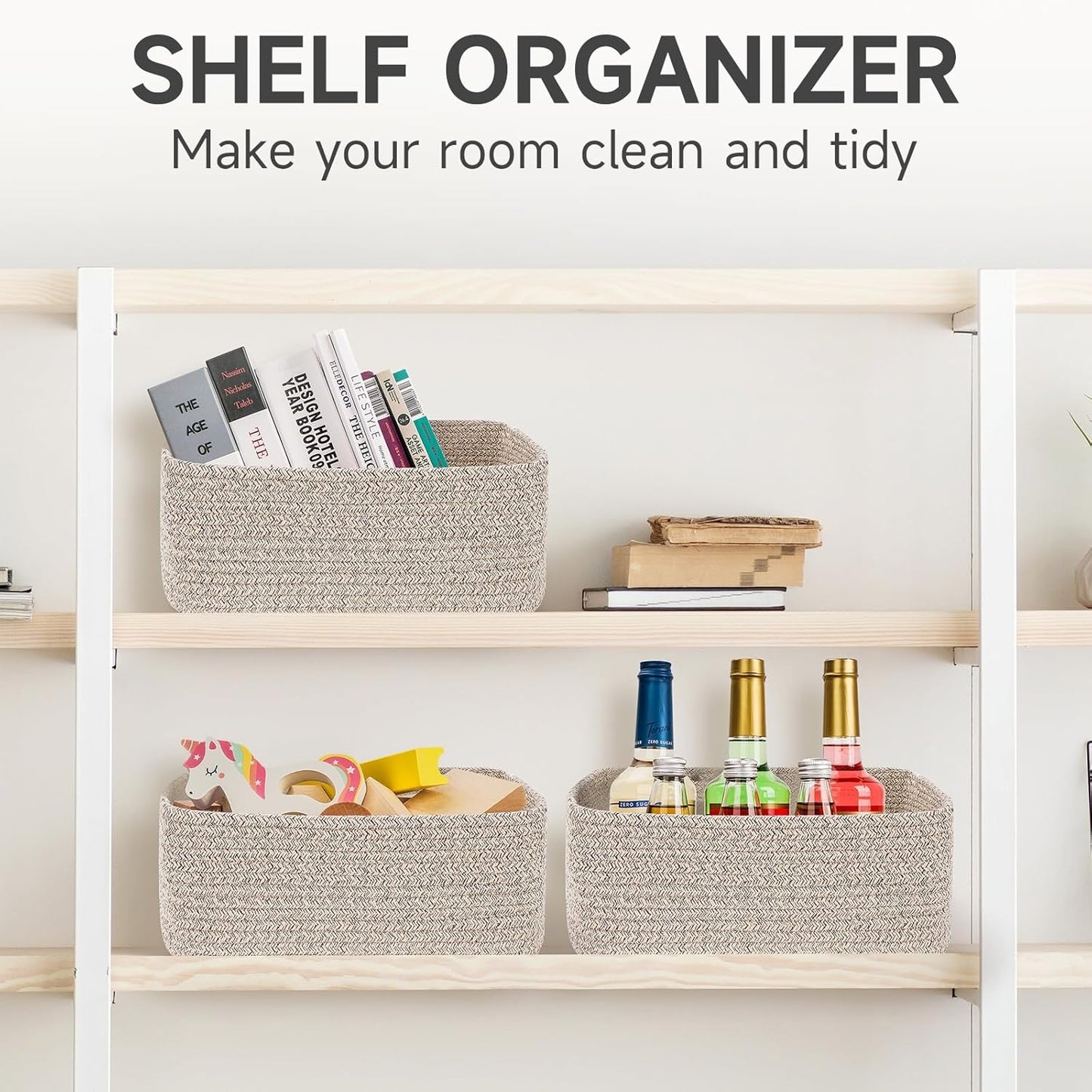 3-Pack Storage Baskets for Organizing | Woven Shelf Toy Basket | Rope Baskets for Gifts Empty | Closet Organizer Bins with Handles | Cube Decorative Box | 13.7×7.1×6.7” | Mixed brown