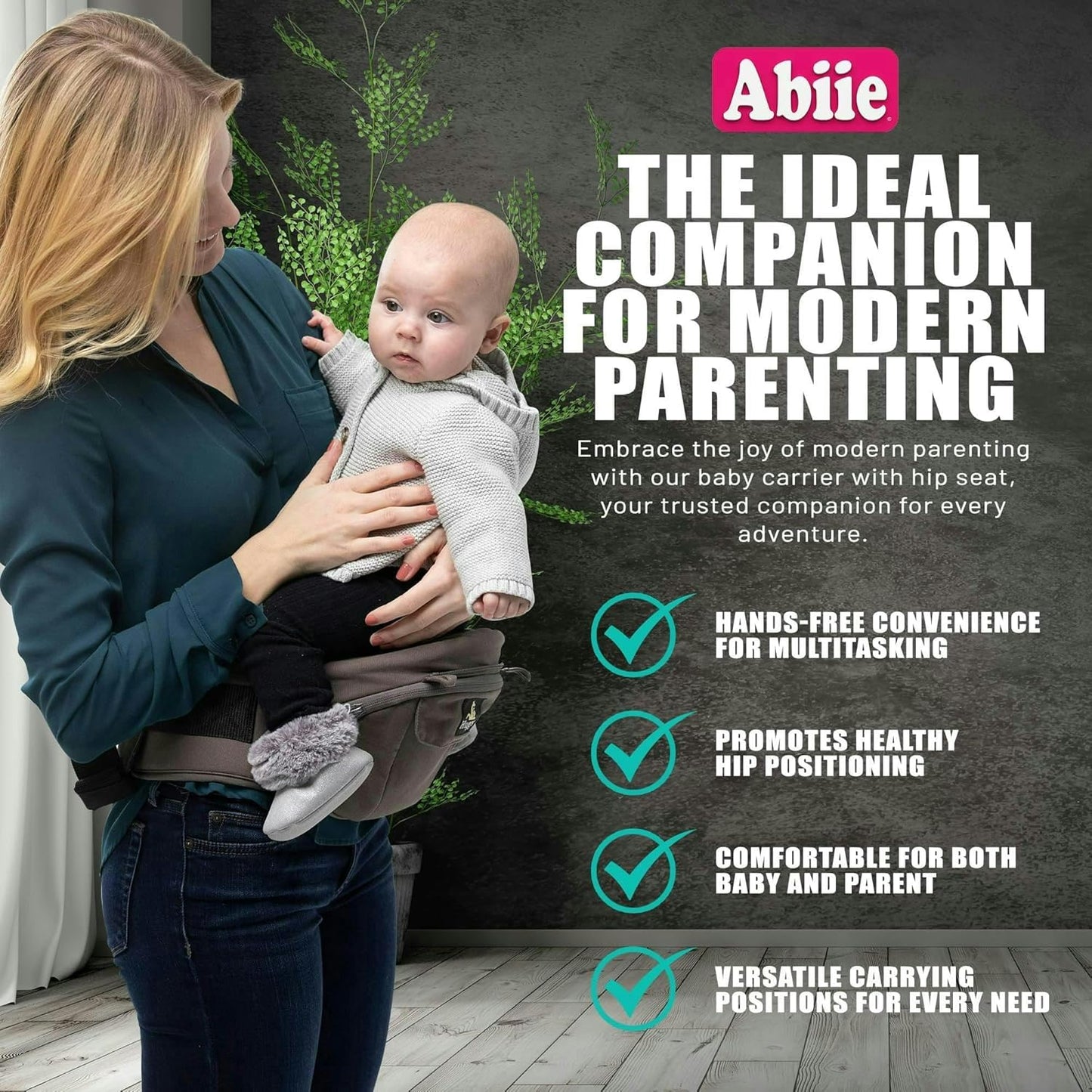 Abiie HUGGS Baby Carrier 3-Months to Toddler with Hip Carrier - Convertible 4-in-1: Front Facing, Inward Facing, Hip Seat, Back Carry - Ergonomic Lumbar Support, Neck Support, Safety Approved