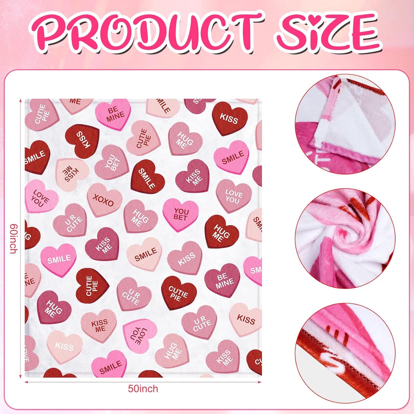 Valentines Flannel Throw Blanket 50" x 60", Pink Candy Hearts Soft Fuzzy Plush Cozy Fleece Blanket for Couch Sofa Bed, Holiday Throw Blanket for Valentines Day Wedding Ideal Gifts Option